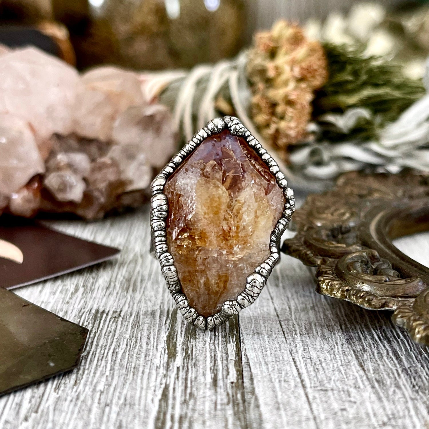 Size 8.5 Raw Citrine Crystal Point Ring Set in Fine Silver / Foxlark Collection - One of a Kind / Big Crystal Ring Witchy Jewelry