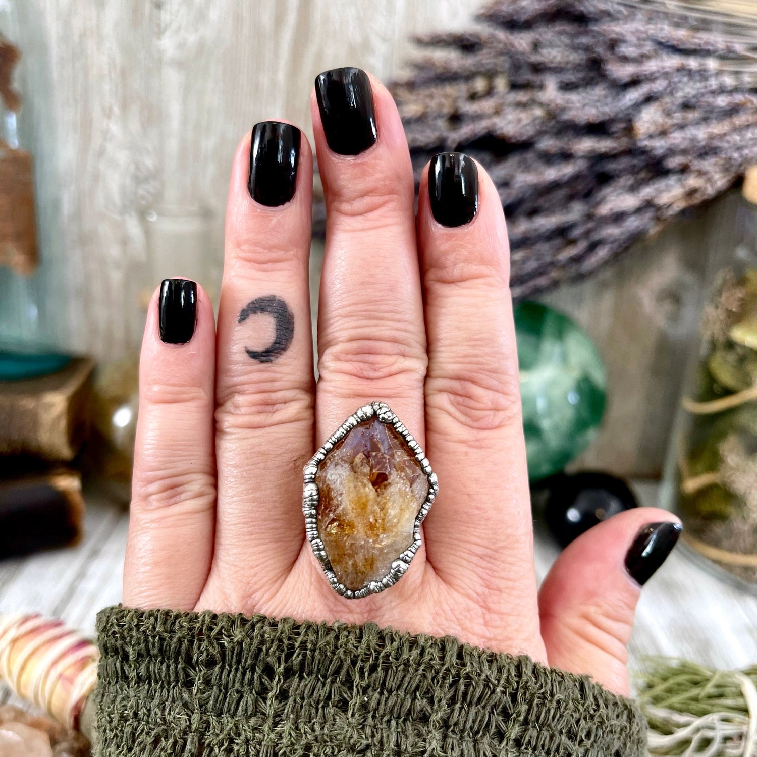 Size 8.5 Raw Citrine Crystal Point Ring Set in Fine Silver / Foxlark Collection - One of a Kind / Big Crystal Ring Witchy Jewelry