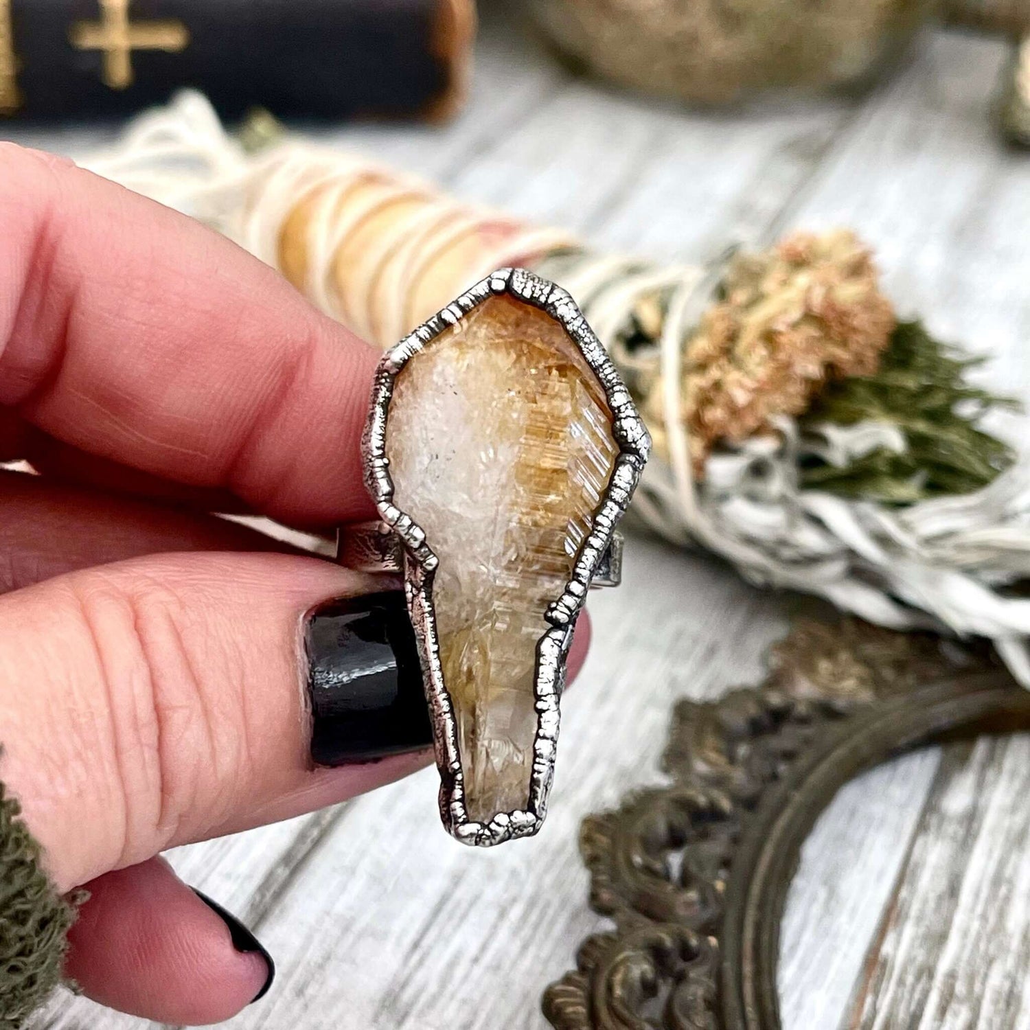 8 Raw Citrine Crystal Point Ring Set in Fine Silver / Foxlark Collection - One of a Kind / Big Crystal Ring Witchy Jewelry