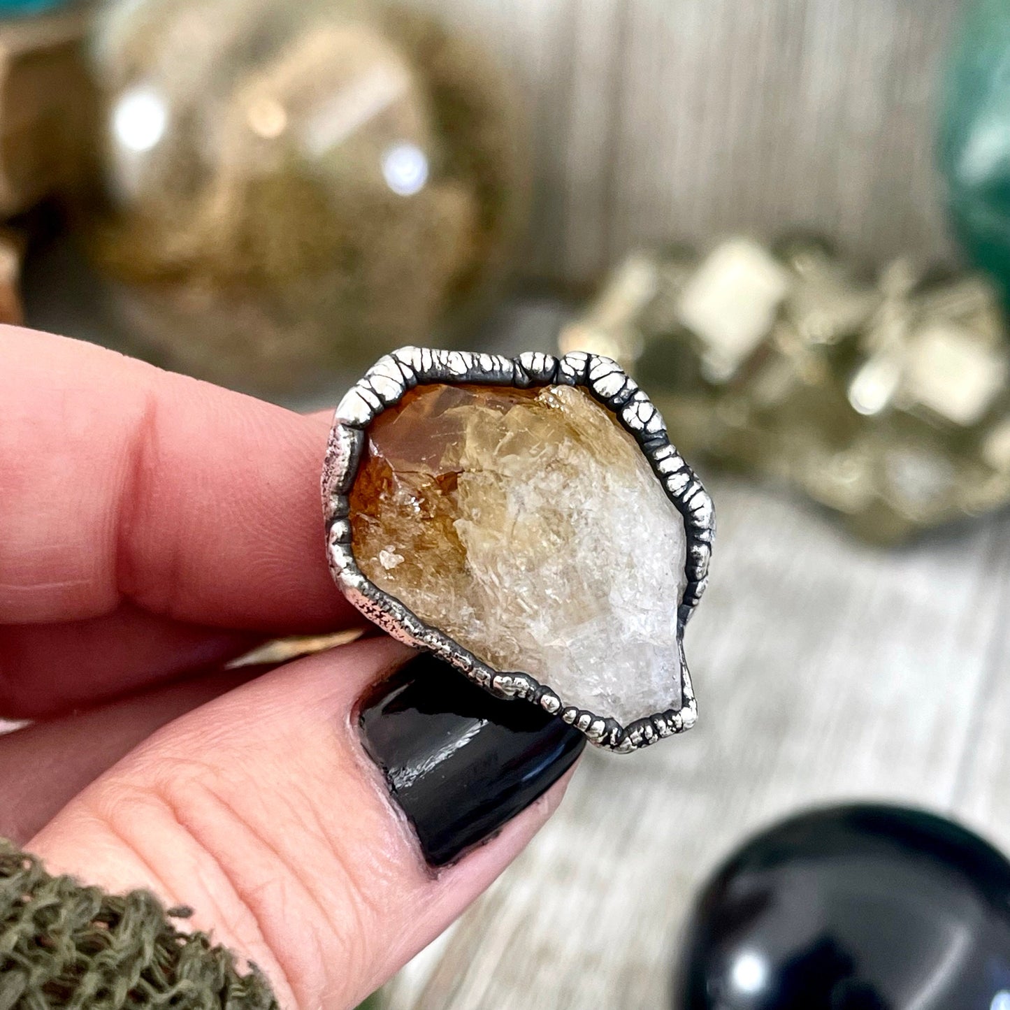 Size 7 Raw Citrine Crystal Point Ring Set in Fine Silver / Foxlark Collection - One of a Kind / Big Crystal Ring Witchy Jewelry