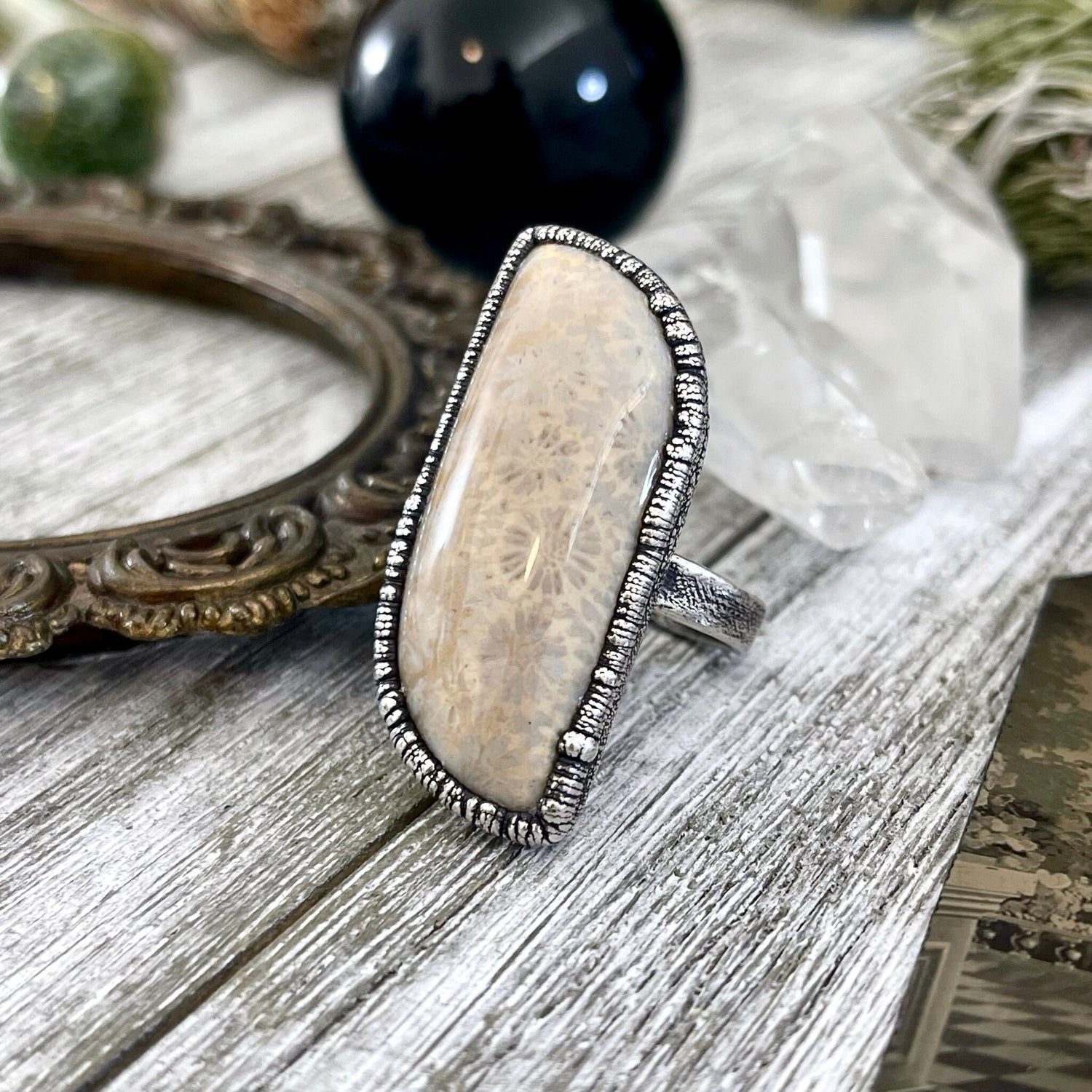 Size 10 Fossilized Coral Silver Statement Ring in Fine Silver / Foxlark Collection - One of a Kind / Big Crystal Ring Witchy Jewelry
