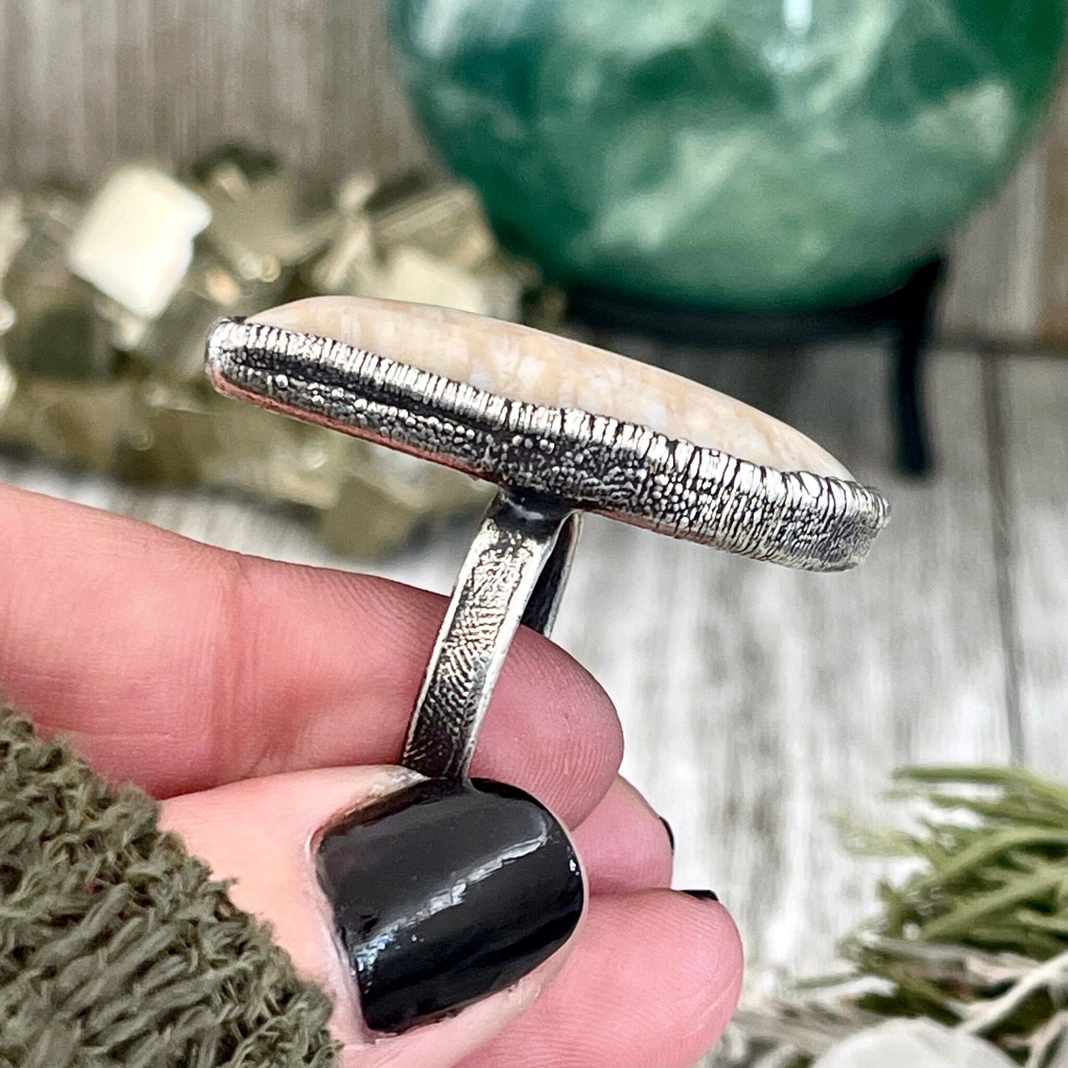 Size 10 Fossilized Coral Silver Statement Ring in Fine Silver / Foxlark Collection - One of a Kind / Big Crystal Ring Witchy Jewelry