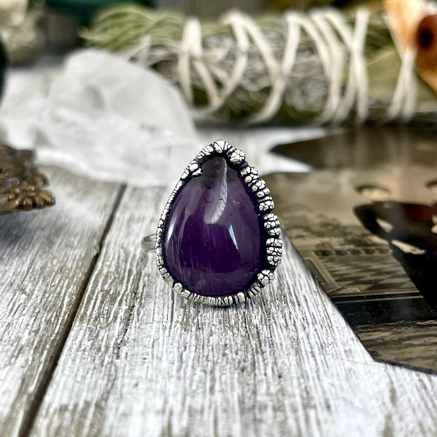 Size 7 Purple Amethyst Teardrop Gemstone Crystal Ring Set in Fine Silver / Foxlark Collection - One of a Kind / Gothic Jewelry