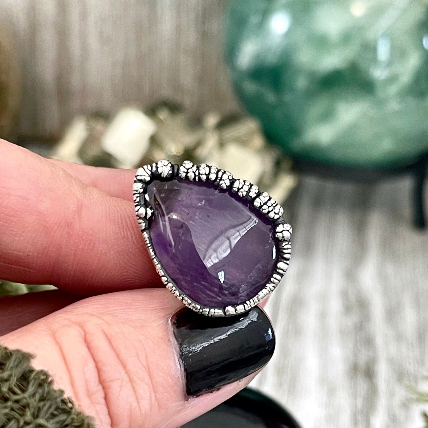 Size 7 Purple Amethyst Teardrop Gemstone Crystal Ring Set in Fine Silver / Foxlark Collection - One of a Kind / Gothic Jewelry