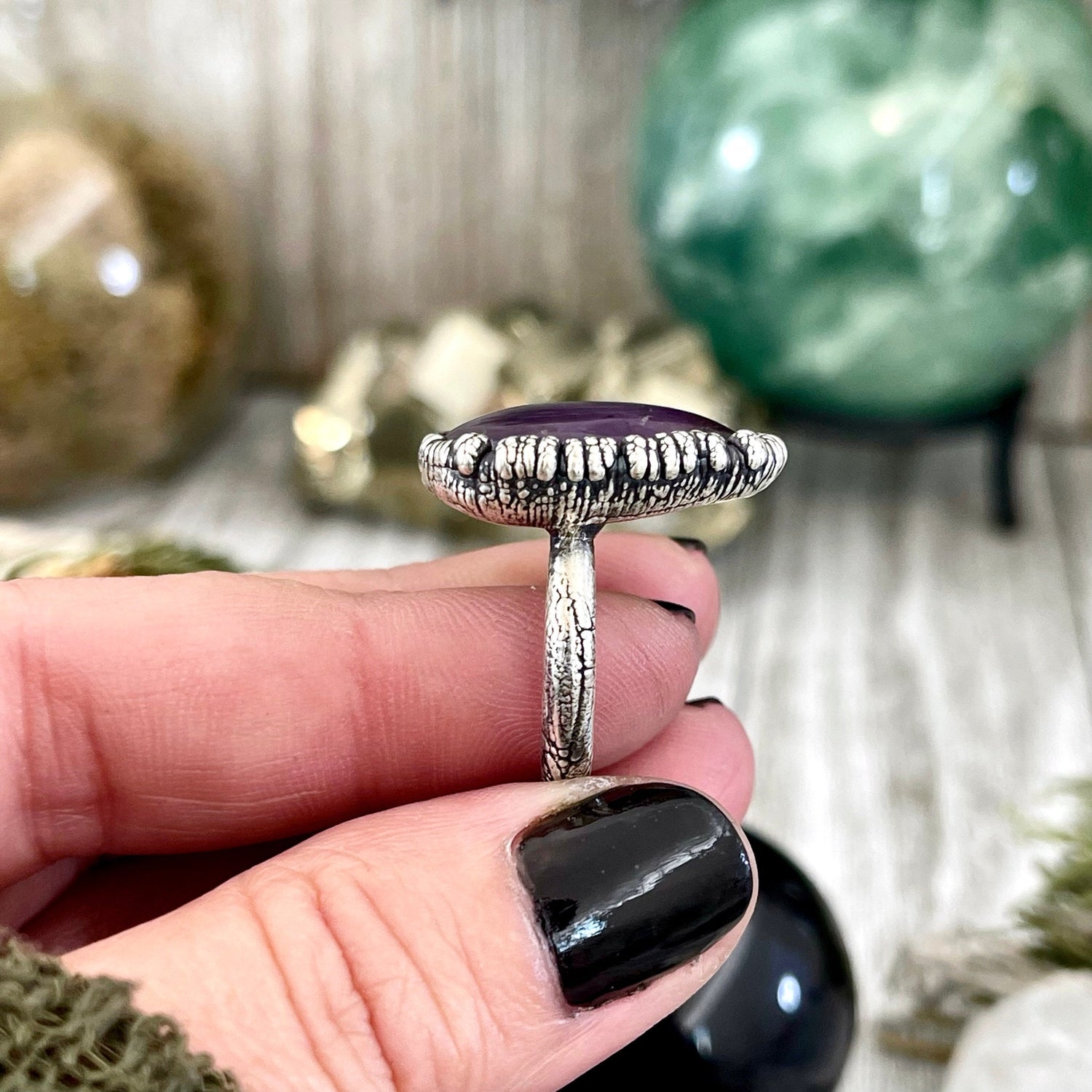 Size 7 Purple Amethyst Teardrop Gemstone Crystal Ring Set in Fine Silver / Foxlark Collection - One of a Kind / Gothic Jewelry