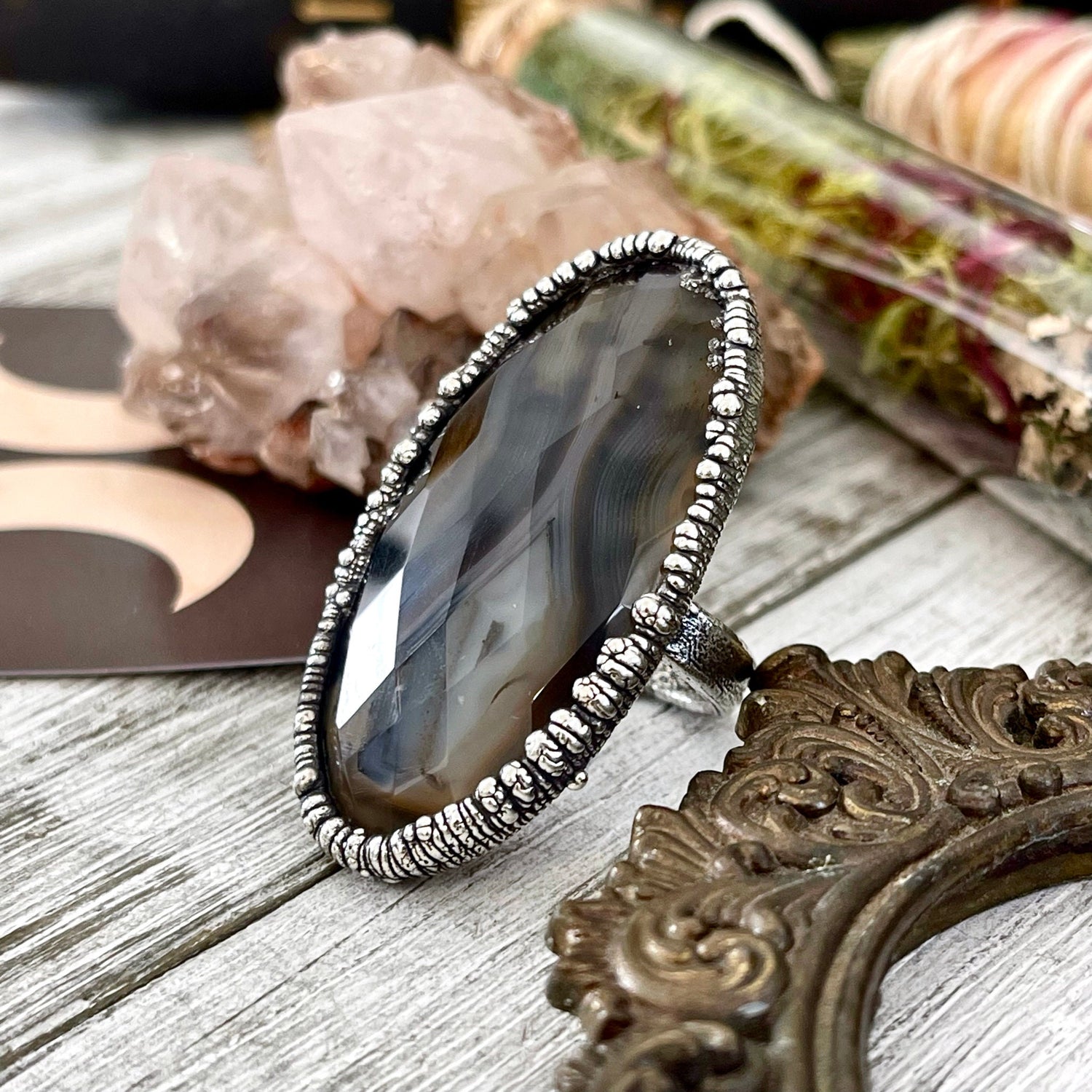 Size 8 Silver Montana Moss Agate Statement Ring / Large Crystal Bohemian Dendritic Agate Ring