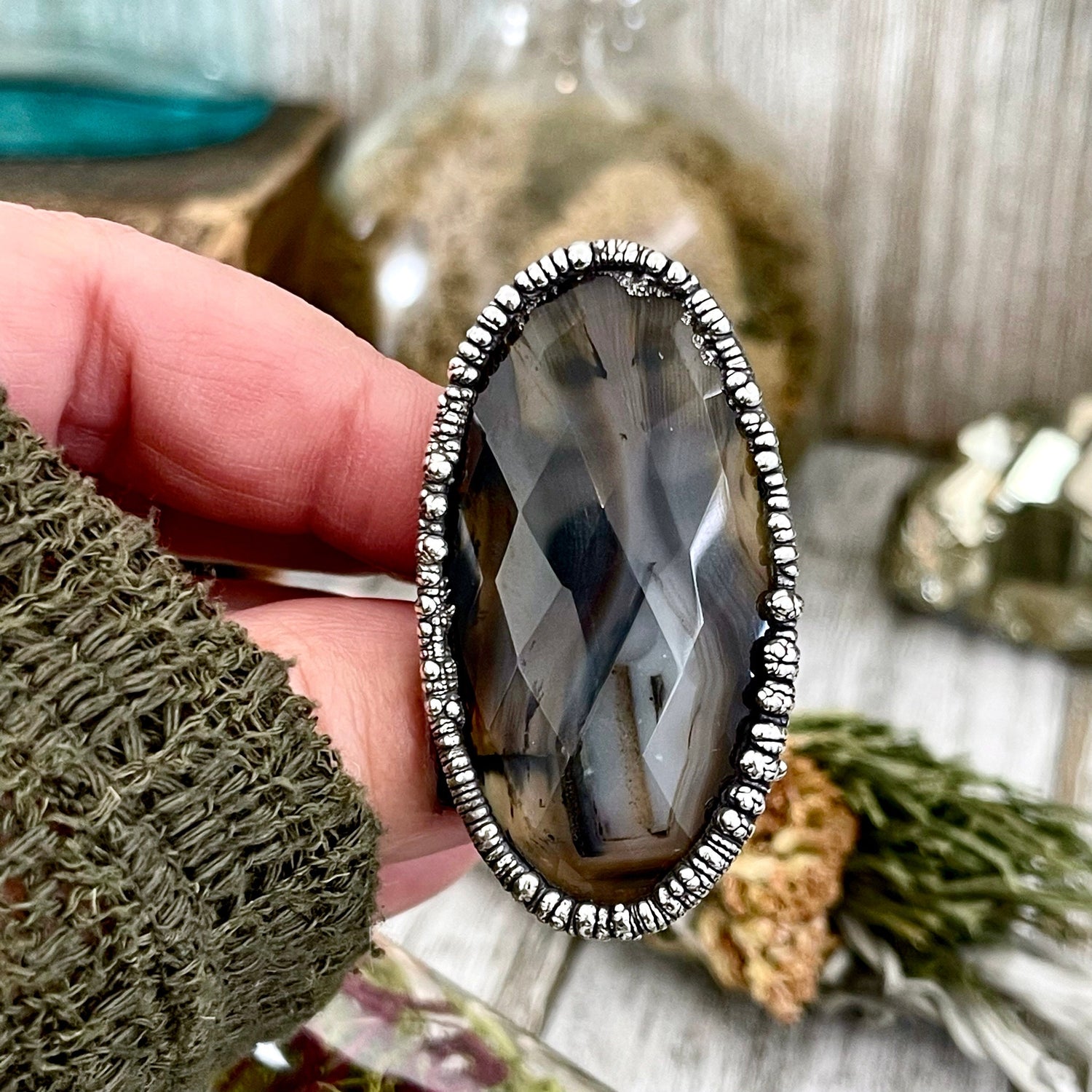 Size 8 Silver Montana Moss Agate Statement Ring / Large Crystal Bohemian Dendritic Agate Ring
