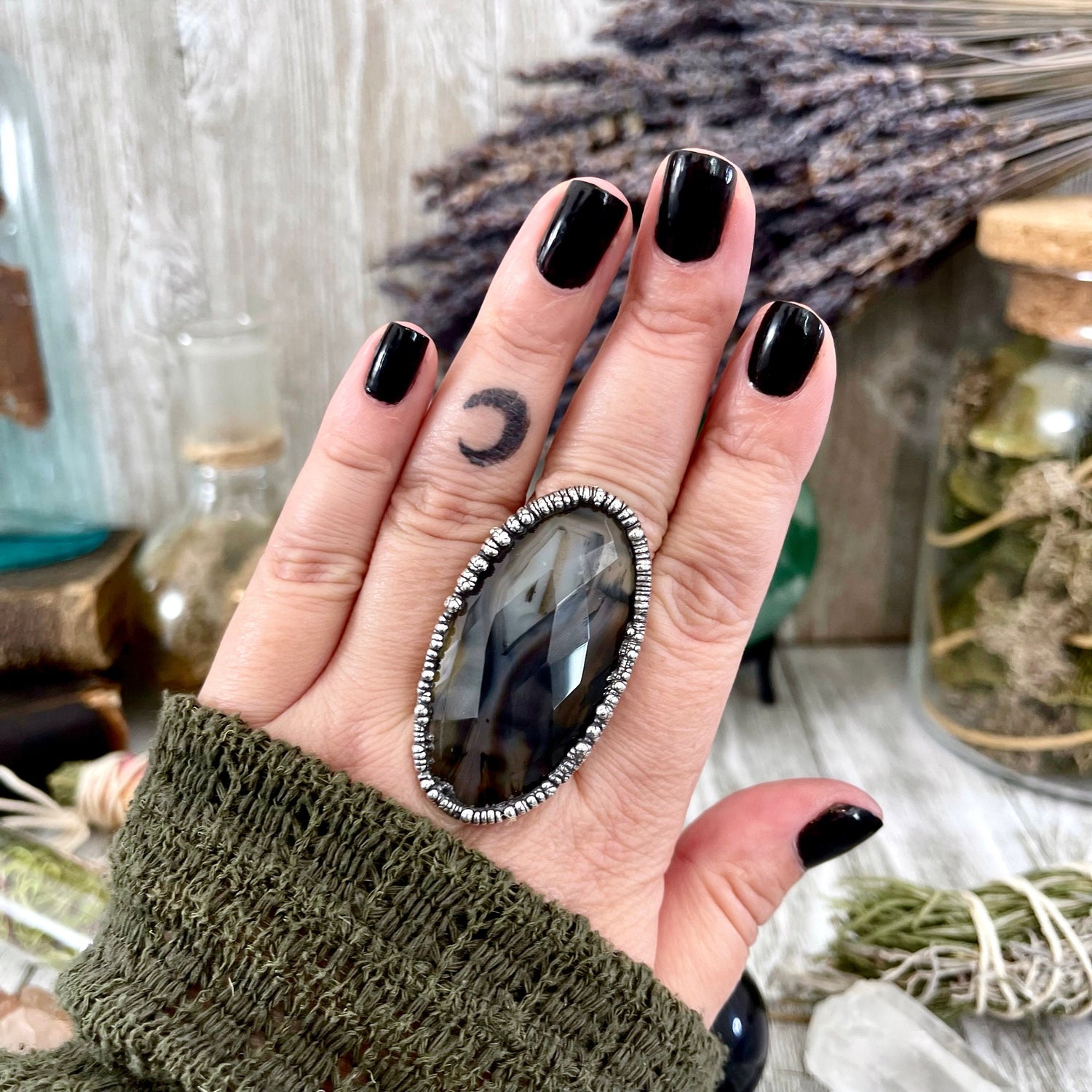 Size 8 Silver Montana Moss Agate Statement Ring / Large Crystal Bohemian Dendritic Agate Ring