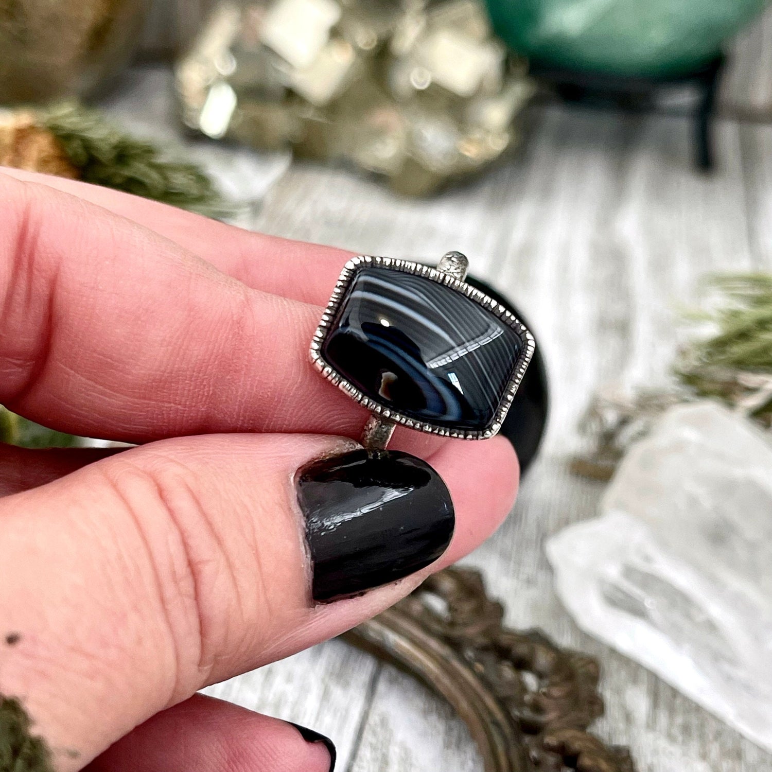Size 7 or 9 Natural Black Stone Agate Ring in Fine Silver/ Foxlark Collection - One of a Kind / Big Crystal Ring Witchy Jewelry