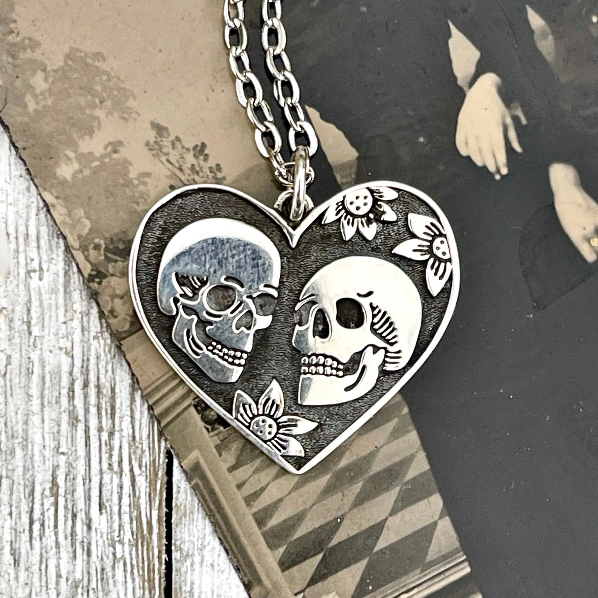 Tiny Talisman Collection - Sterling Silver The Lovers Skull & Heart Necklace Charm 24x22mm / - Foxlark Crystal Jewelry
