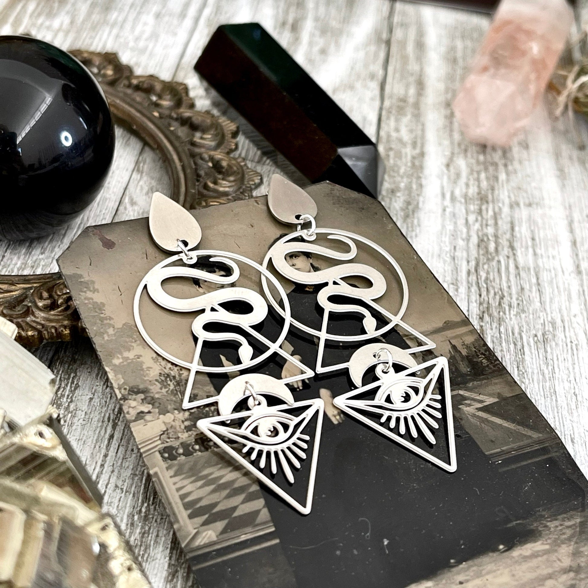 Unique Snake and All Seeing Eye Earrings Sterling Silver & Stainless Steel Earrings / Long Dangly Geometric Earrings - Foxlark Crystal Jewelry