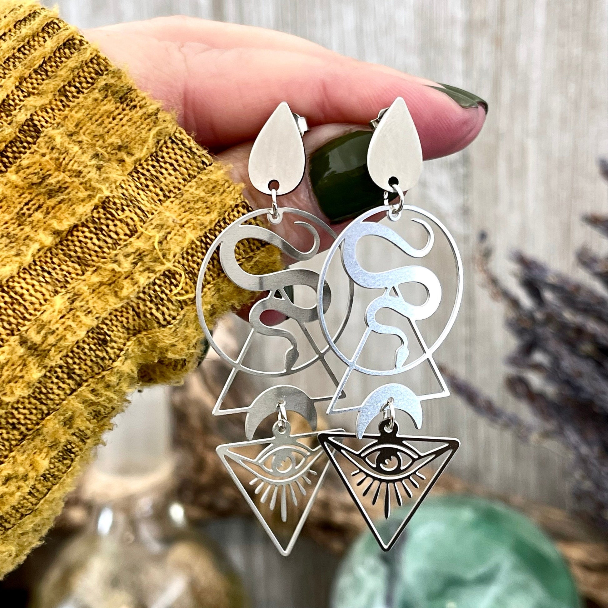 Unique Snake and All Seeing Eye Earrings Sterling Silver & Stainless Steel Earrings / Long Dangly Geometric Earrings - Foxlark Crystal Jewelry
