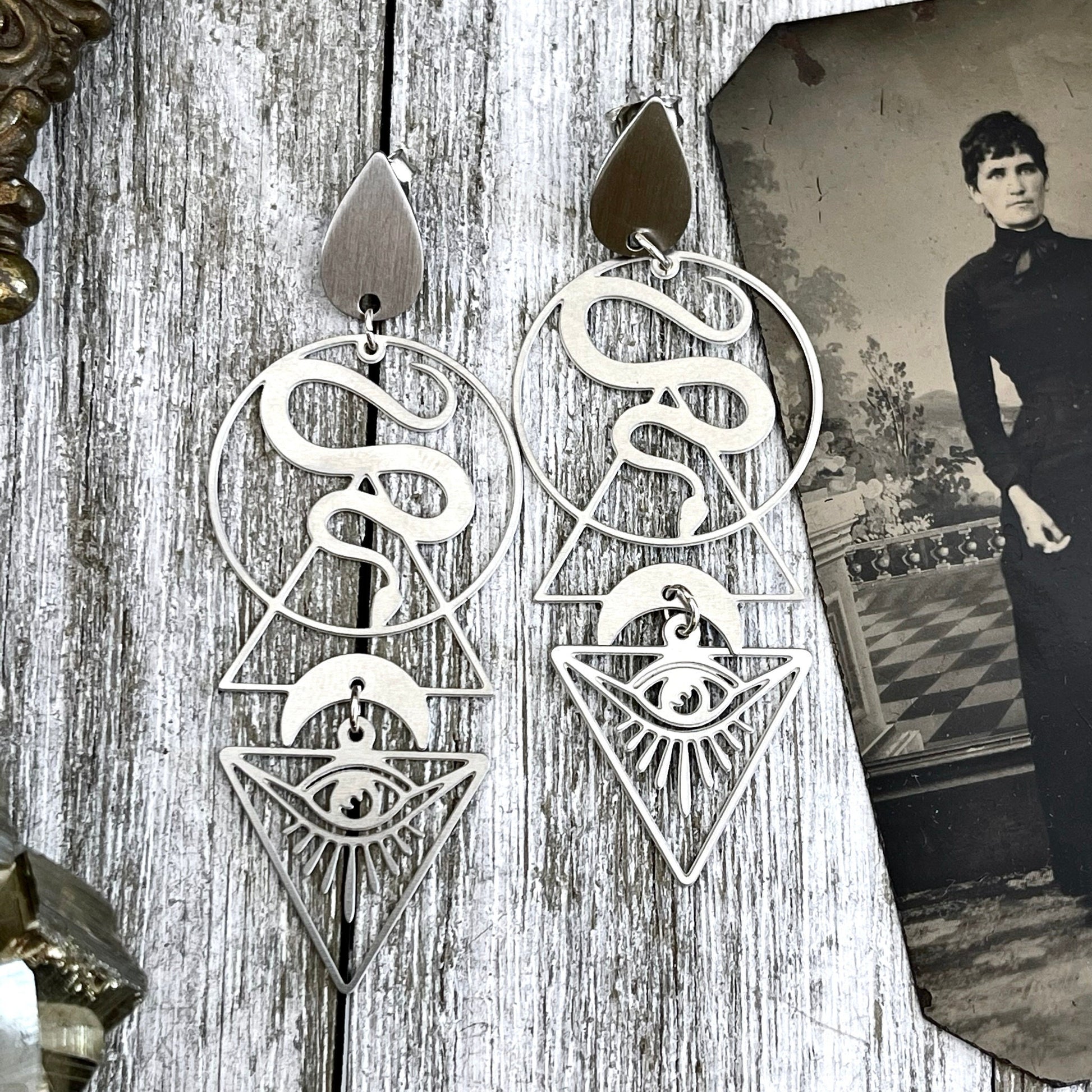 Unique Snake and All Seeing Eye Earrings Sterling Silver & Stainless Steel Earrings / Long Dangly Geometric Earrings - Foxlark Crystal Jewelry