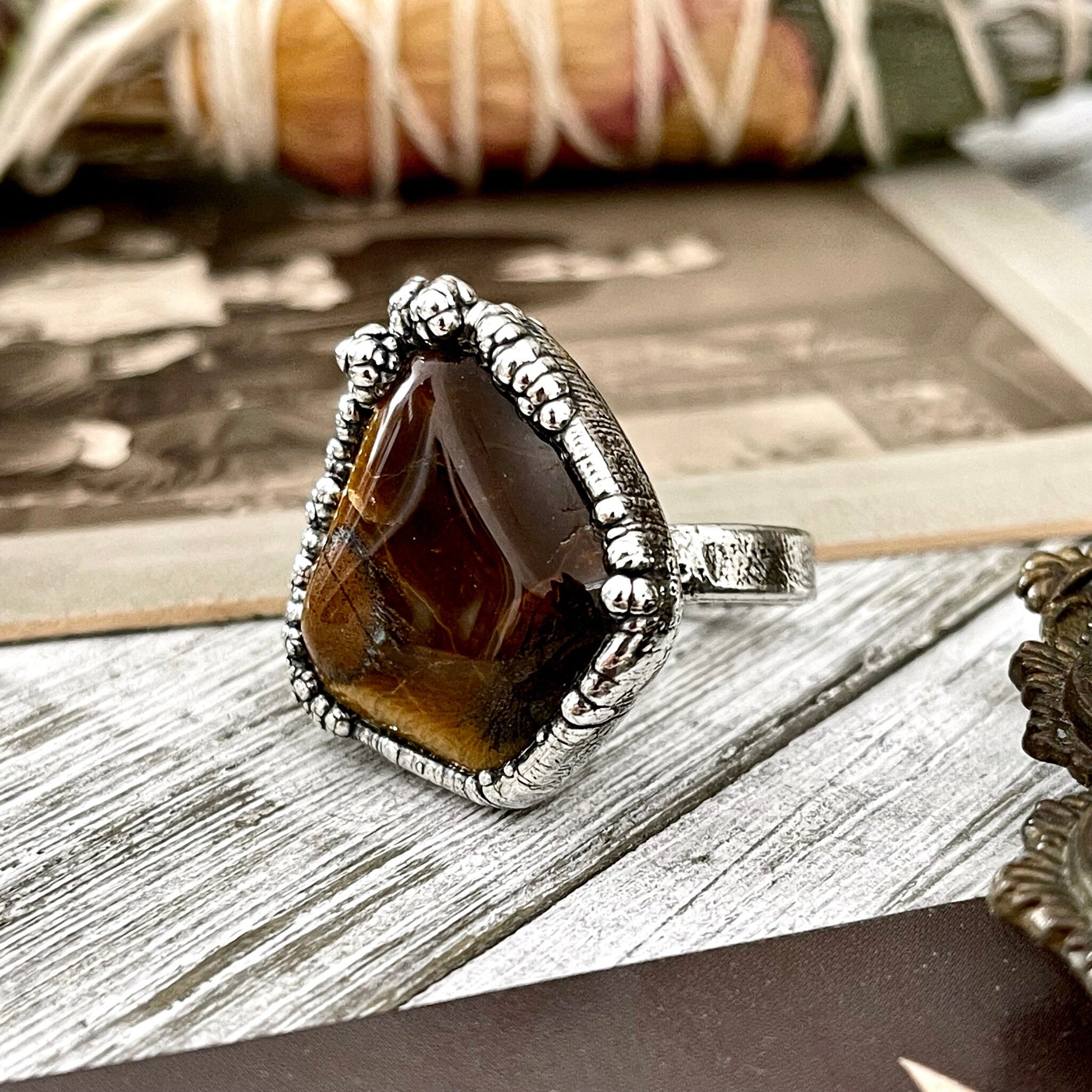 Size 10 Tigers Eye Ring in Fine Silver / Foxlark Collection - One of a Kind - Foxlark Crystal Jewelry