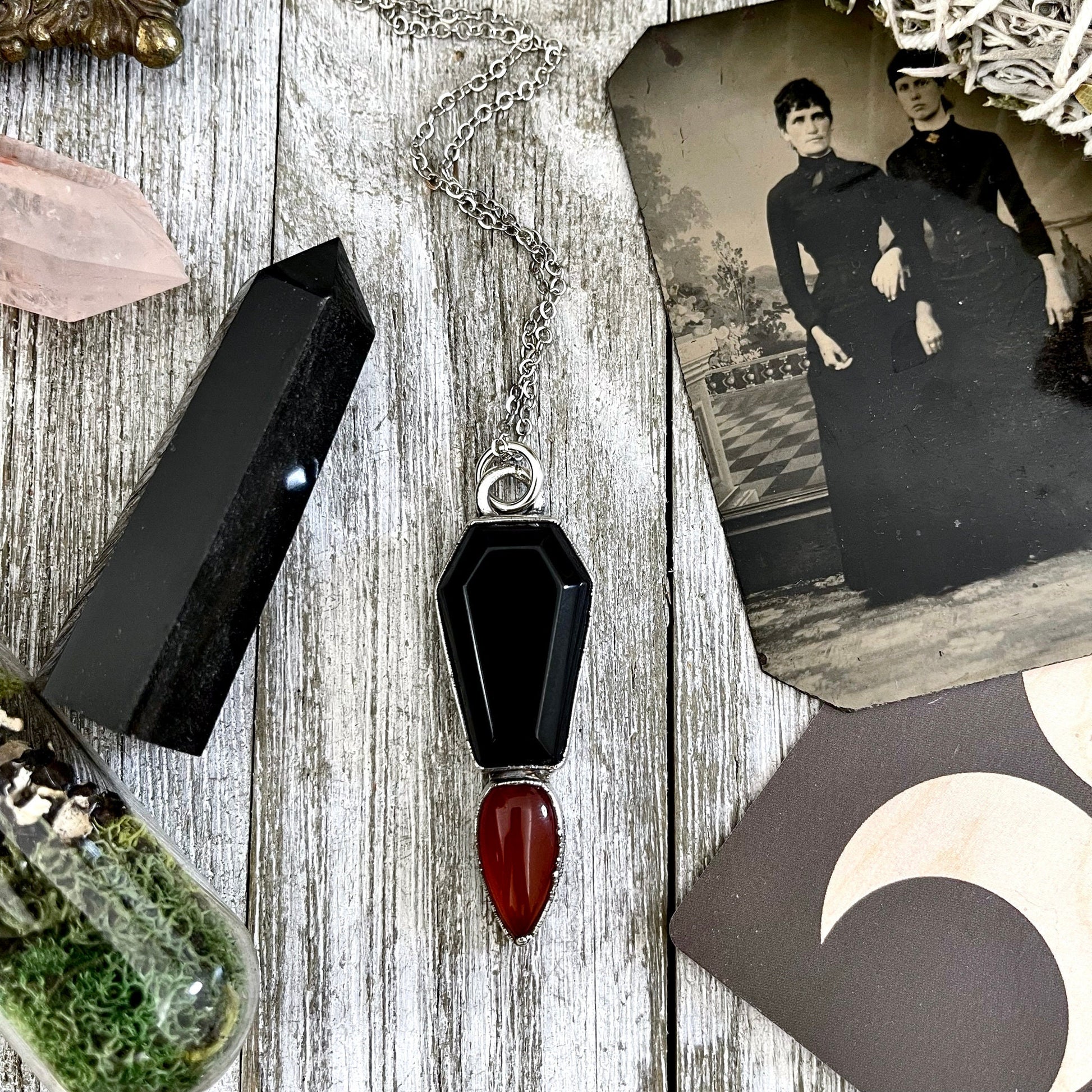 Crystal Coffin Black Onyx and Red Carnelian Necklace / Gothic Jewelry - Foxlark Crystal Jewelry