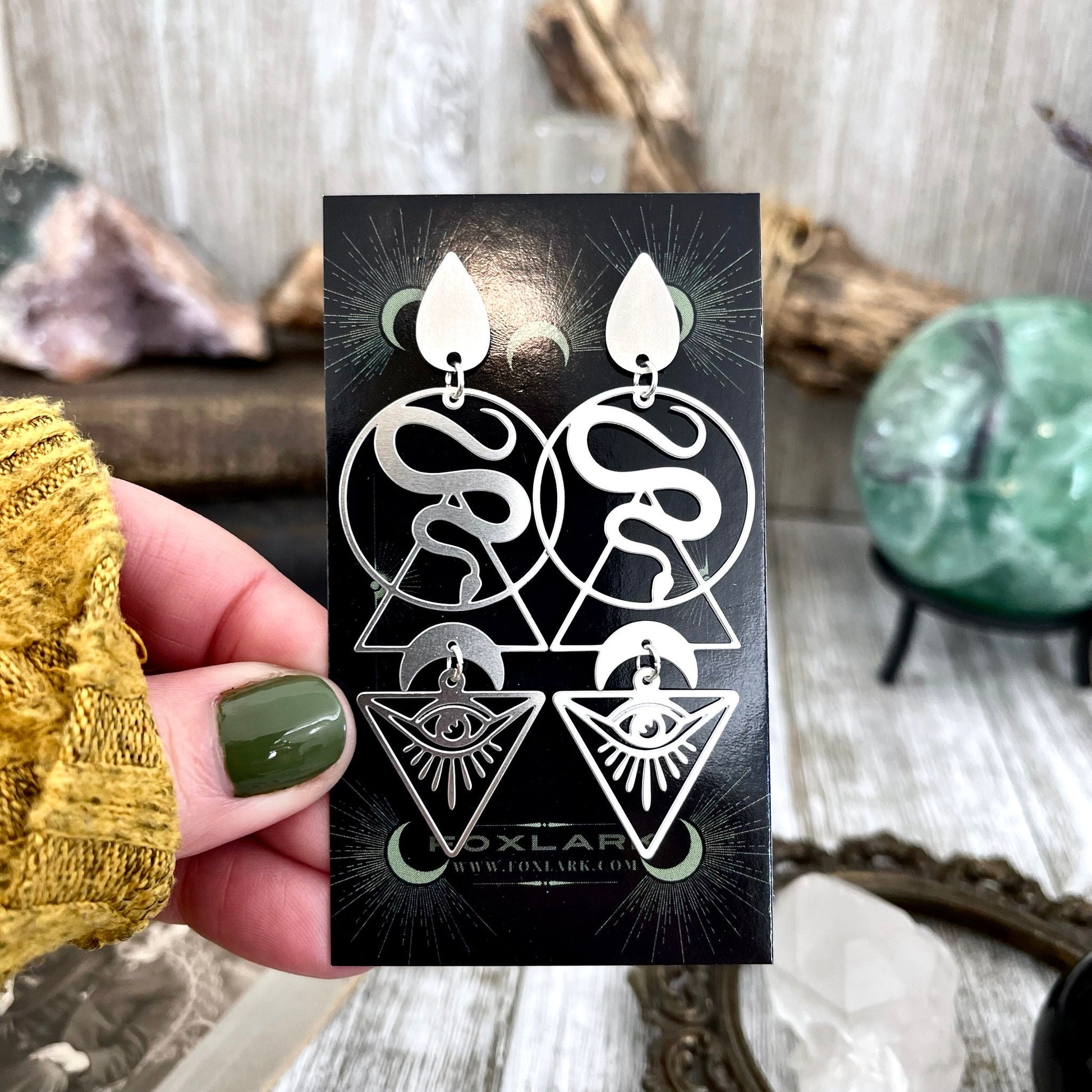 Unique Snake and All Seeing Eye Earrings Sterling Silver & Stainless Steel Earrings / Long Dangly Geometric Earrings - Foxlark Crystal Jewelry