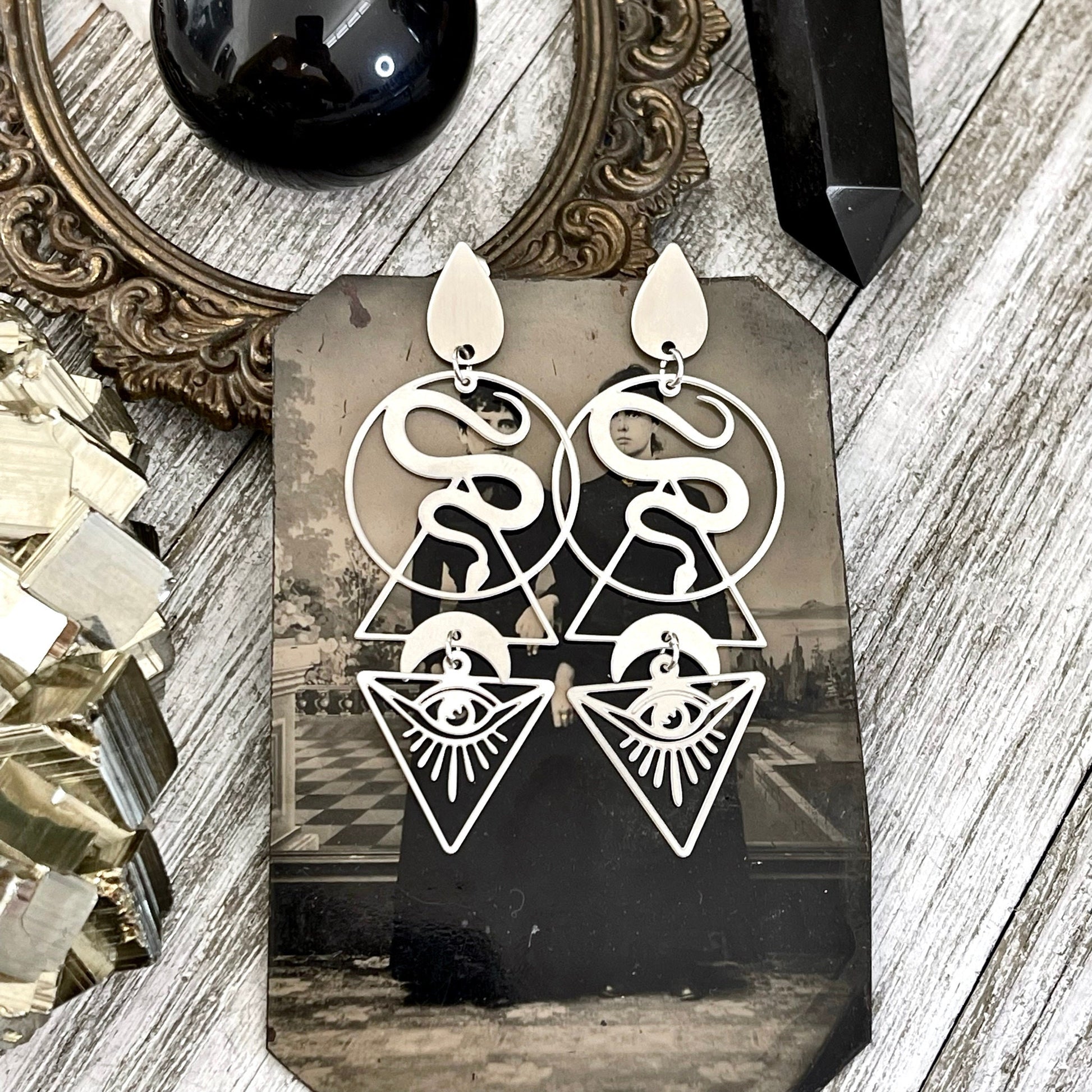 Unique Snake and All Seeing Eye Earrings Sterling Silver & Stainless Steel Earrings / Long Dangly Geometric Earrings - Foxlark Crystal Jewelry