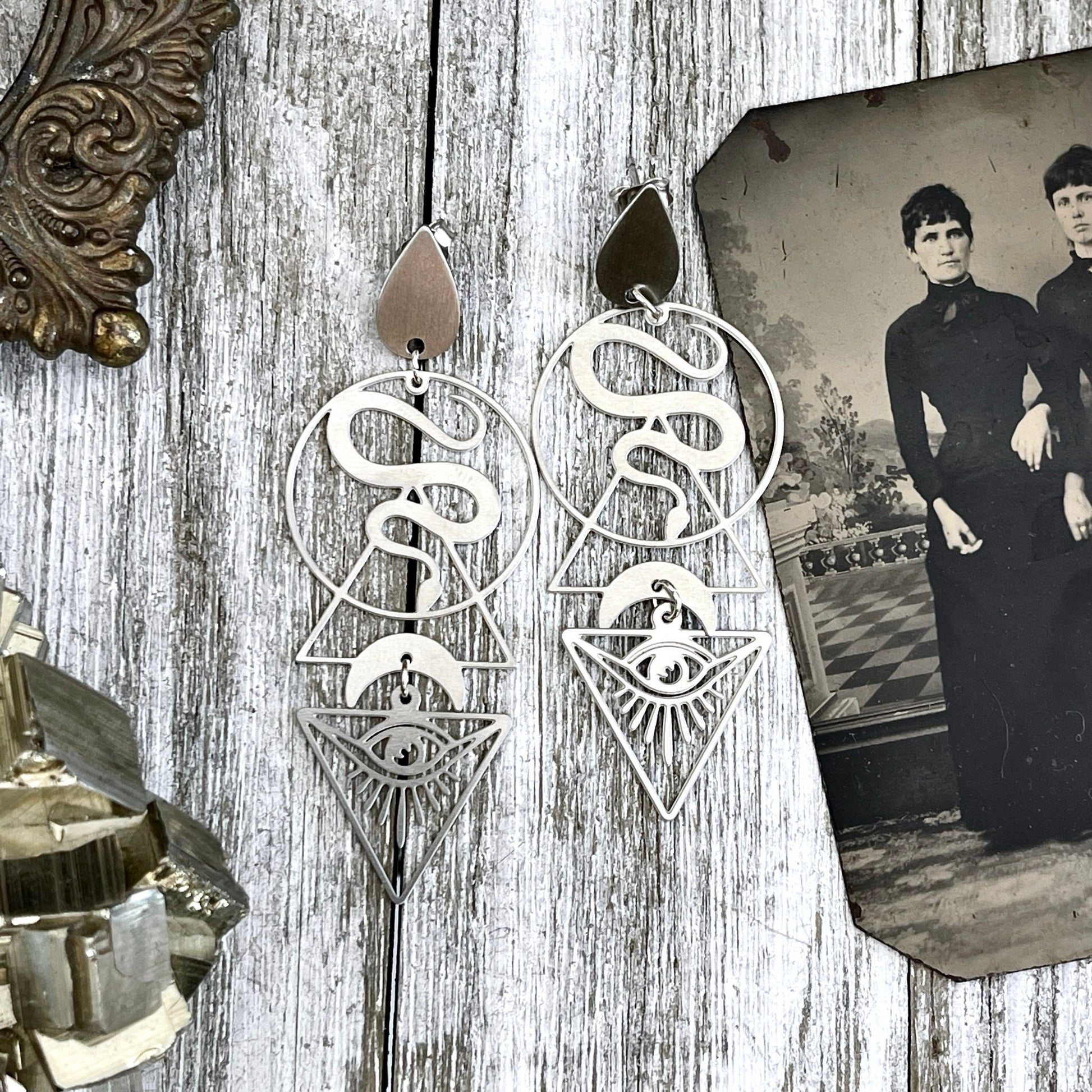 Unique Snake and All Seeing Eye Earrings Sterling Silver & Stainless Steel Earrings / Long Dangly Geometric Earrings - Foxlark Crystal Jewelry