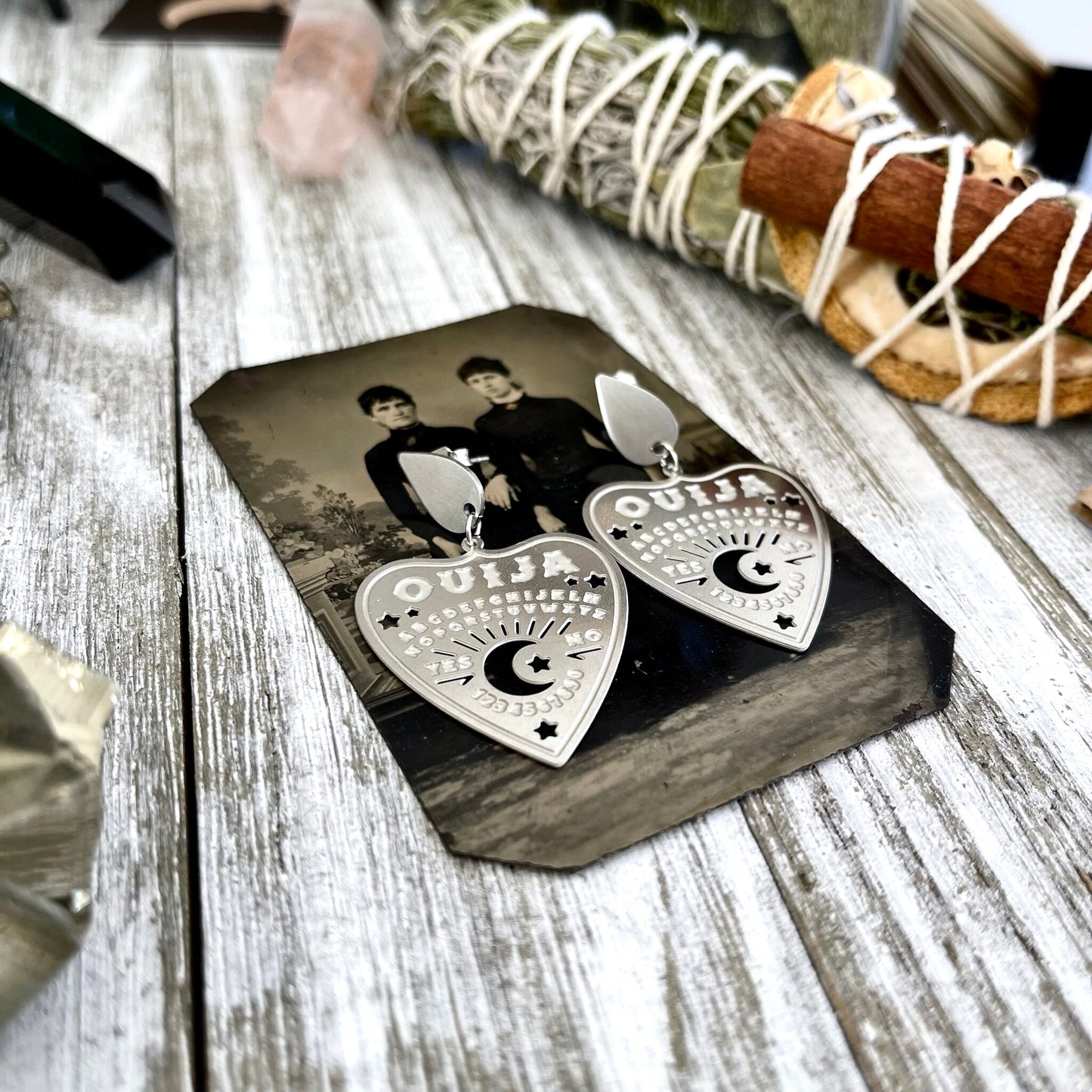 Teardrop Post Ouija Board Planchette Crescent Moon Earrings/ Sterling Silver & Stainless Steel - Foxlark Crystal Jewelry