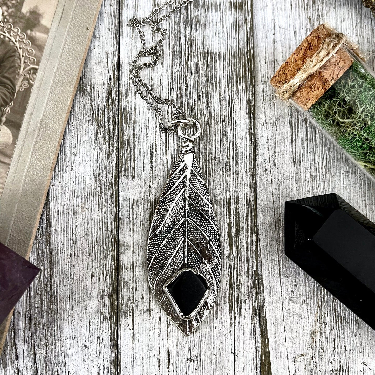 Black Onyx Leaf Necklace in Silver / Natural Wood & Stone Necklace Pendant - Foxlark Crystal Jewelry