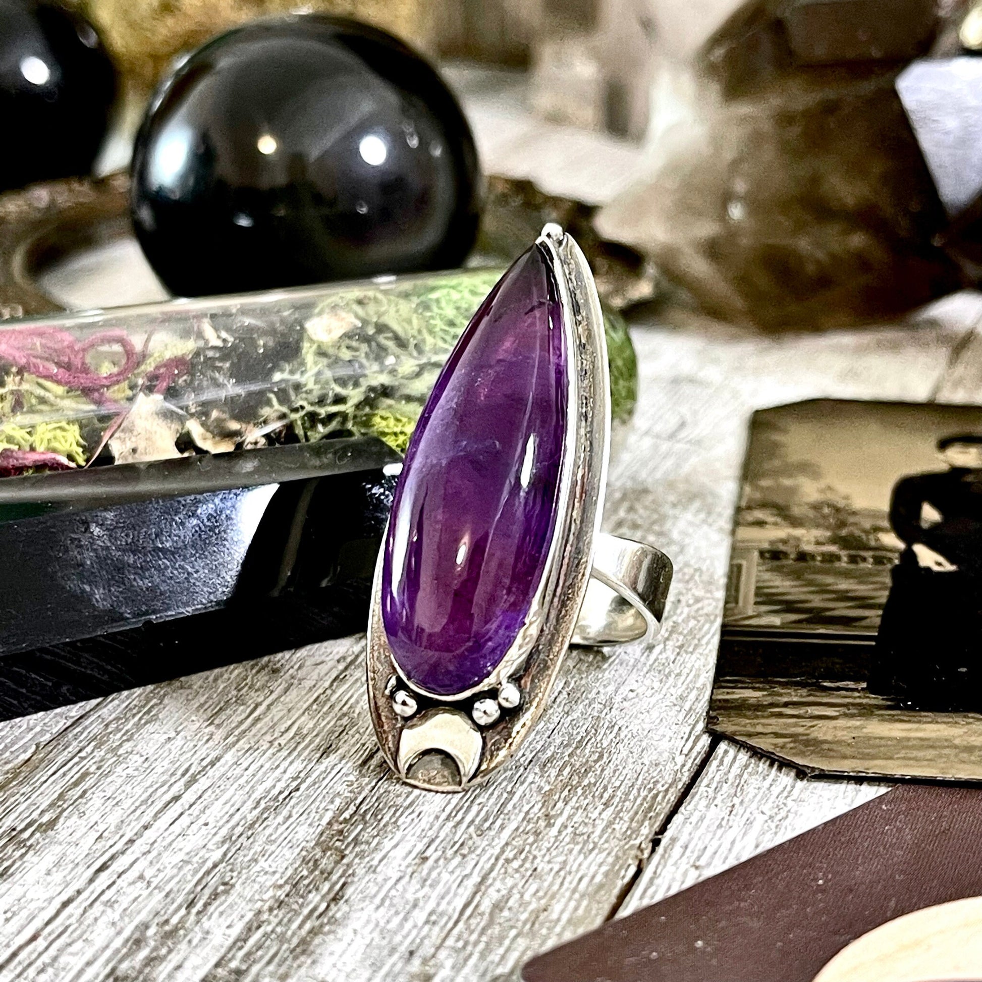 Magic Moons Amethyst Ring in Solid Sterling Silver- Designed by FOXLARK Collection Adjustable to Size 6 7 8 9 10 / Crystal Witchy Jewelry - Foxlark Crystal Jewelry