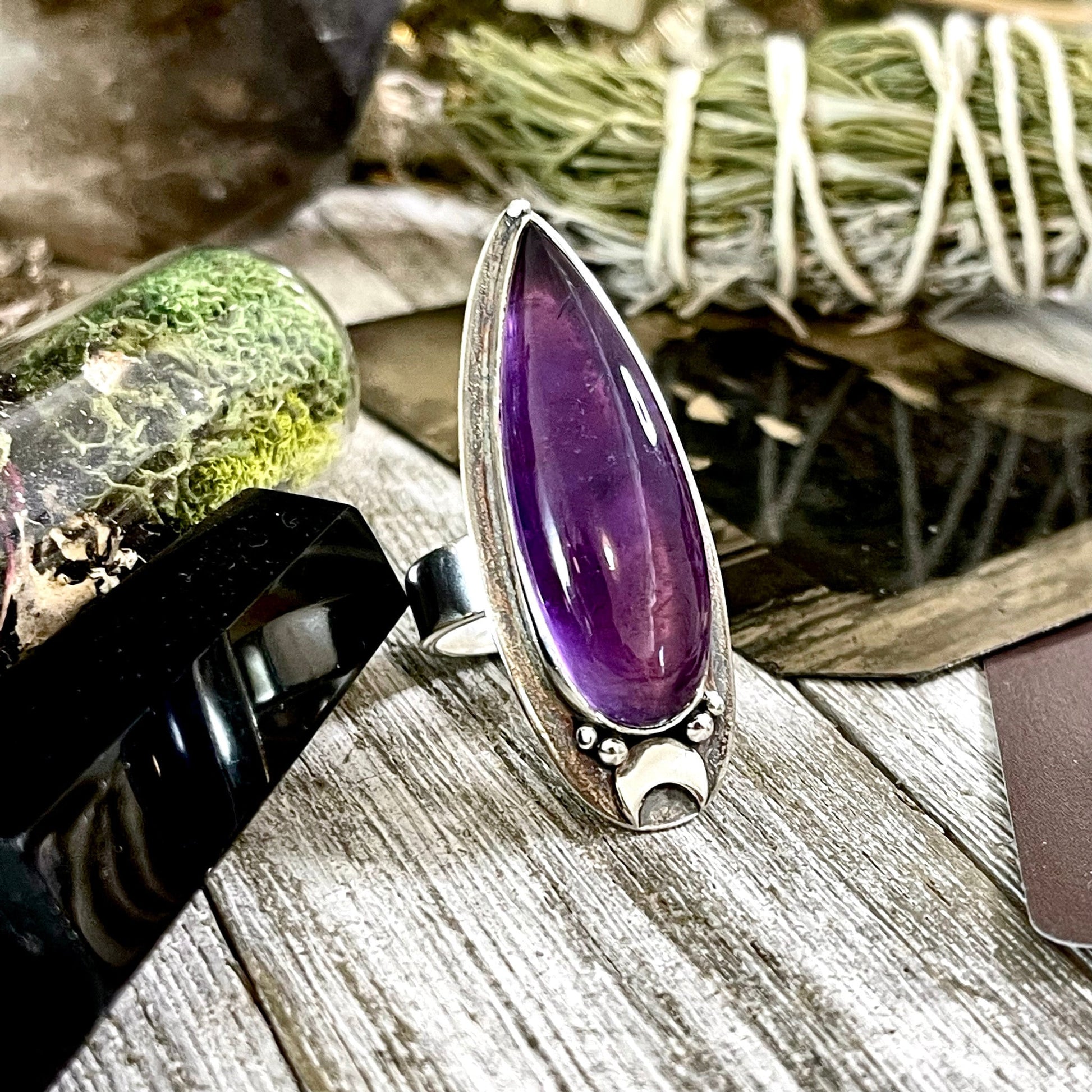Magic Moons Amethyst Ring in Solid Sterling Silver- Designed by FOXLARK Collection Adjustable to Size 6 7 8 9 10 / Crystal Witchy Jewelry - Foxlark Crystal Jewelry
