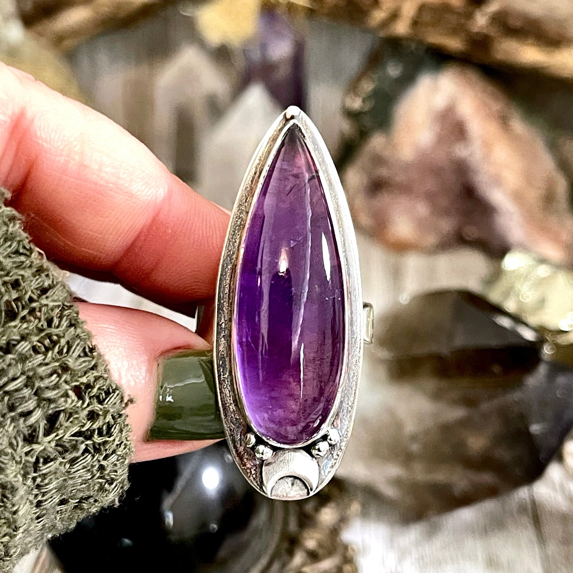 Magic Moons Amethyst Ring in Solid Sterling Silver- Designed by FOXLARK Collection Adjustable to Size 6 7 8 9 10 / Crystal Witchy Jewelry - Foxlark Crystal Jewelry