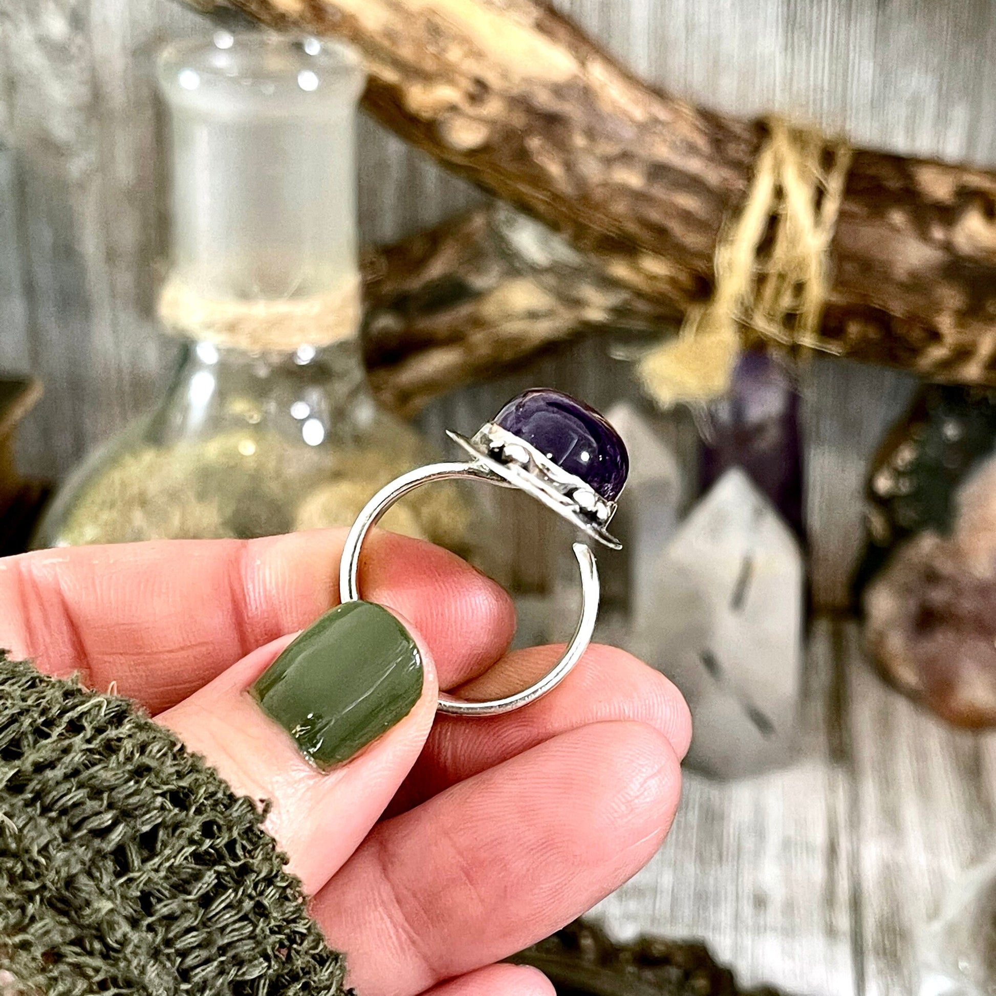 Magic Moons Amethyst Ring in Solid Sterling Silver- Designed by FOXLARK Collection Adjustable to Size 6 7 8 9 10 / Crystal Witchy Jewelry - Foxlark Crystal Jewelry