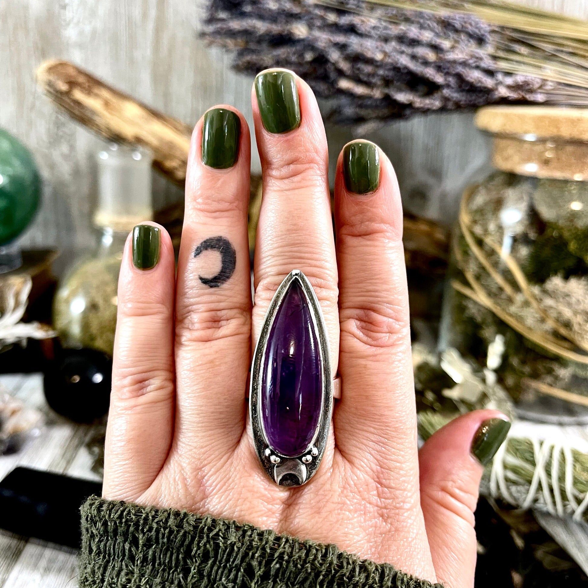 Magic Moons Amethyst Ring in Solid Sterling Silver- Designed by FOXLARK Collection Adjustable to Size 6 7 8 9 10 / Crystal Witchy Jewelry - Foxlark Crystal Jewelry