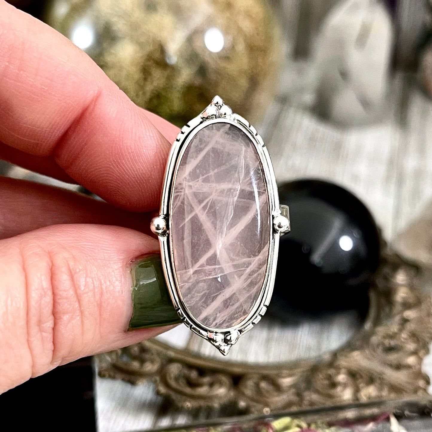 Rose Quartz Oval Crystal Statement Ring in Sterling Silver - Designed by FOXLARK Collection Adjustable to Size 6 7 8 9 | Pink Stone - Foxlark Crystal Jewelry