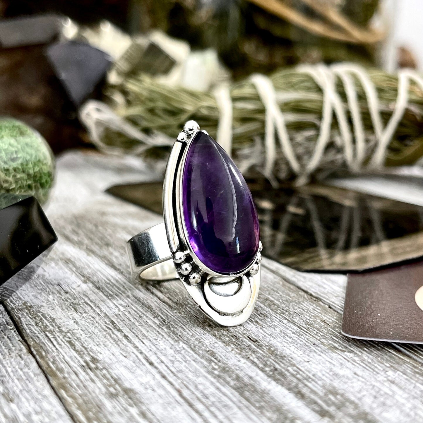 Midnight Moon Amethyst Teardrop Crystal Ring in Solid Sterling Silver- Designed by FOXLARK Collection Adjustable to Size 6 7 8 9 / Purple - Foxlark Crystal Jewelry