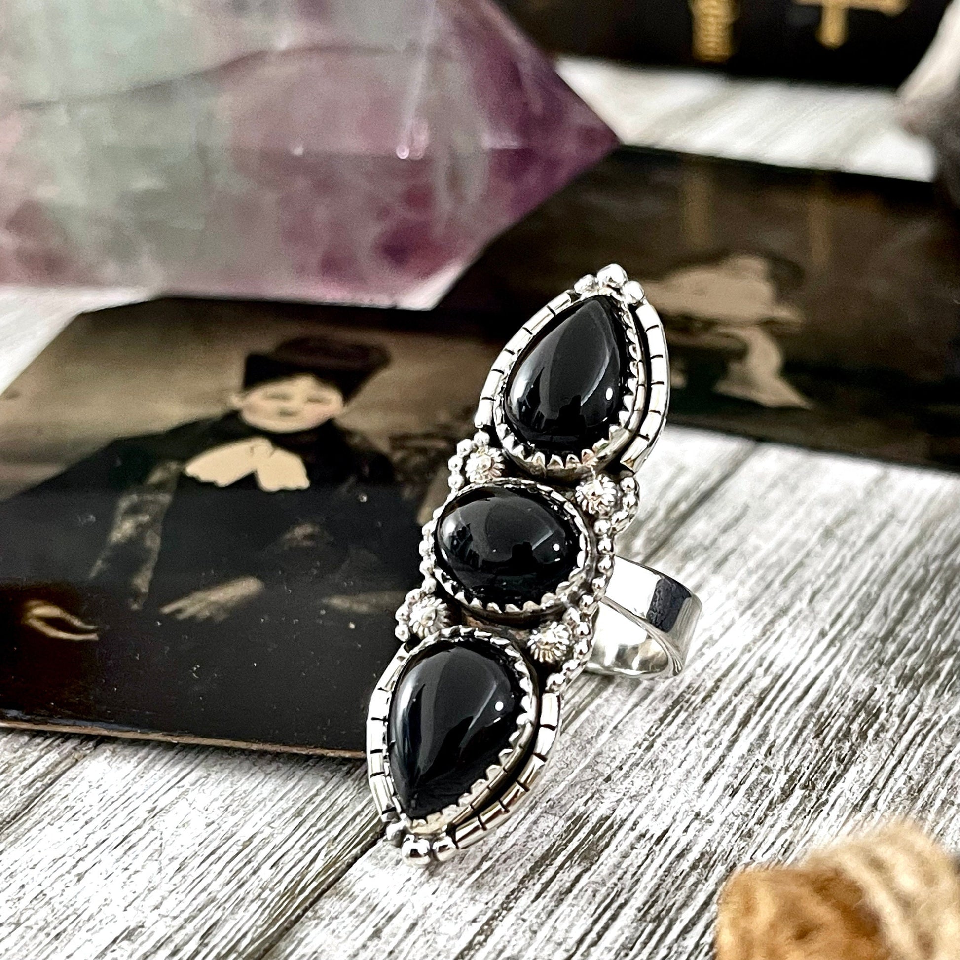 Three Stone Black Onyx Ring in Sterling Silver- Designed by FOXLARK Collection Adjustable to Size 6 7 8 9 / Big Crystal Ring Witchy Jewelry - Foxlark Crystal Jewelry