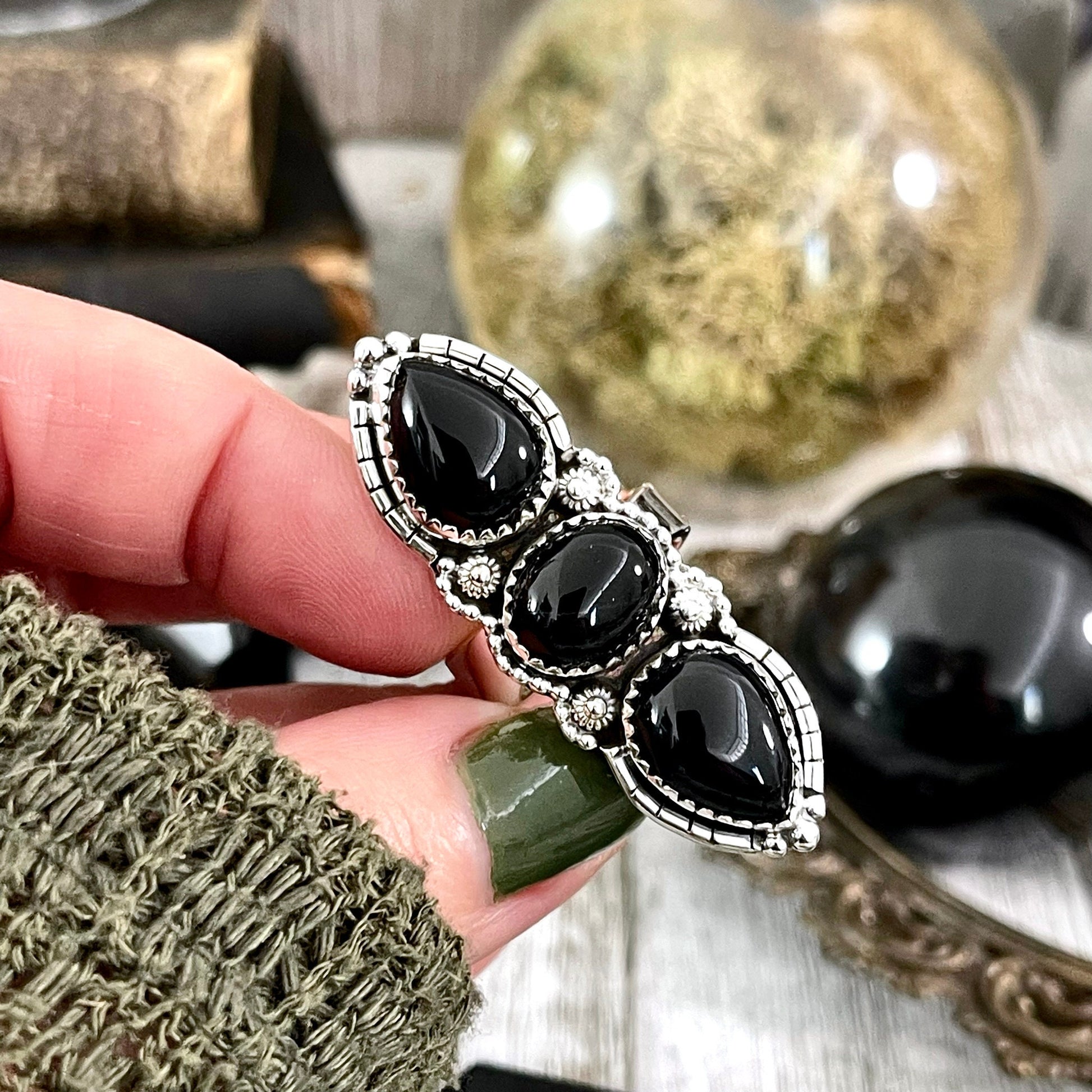 Three Stone Black Onyx Ring in Sterling Silver- Designed by FOXLARK Collection Adjustable to Size 6 7 8 9 / Big Crystal Ring Witchy Jewelry - Foxlark Crystal Jewelry