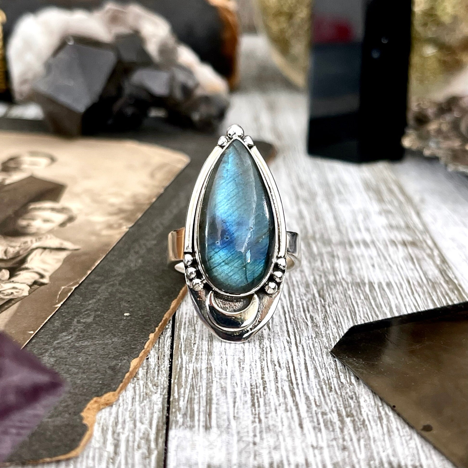 Labradorite Crystal Ring in Sterling Silver Midnight Moon Ring / Designed by FOXLARK - Adjustable to Size 6 7 8 9.