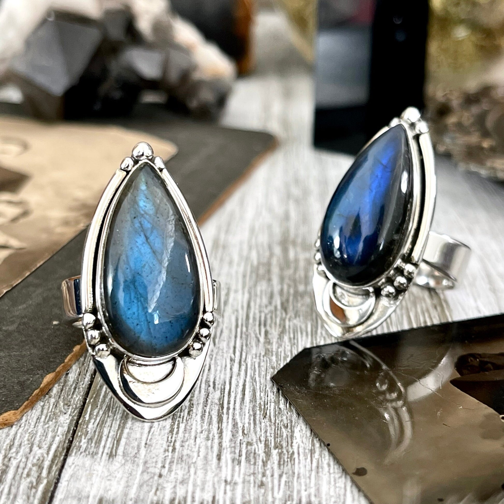 Labradorite Crystal Ring in Sterling Silver Midnight Moon Ring / Designed by FOXLARK - Adjustable to Size 6 7 8 9.