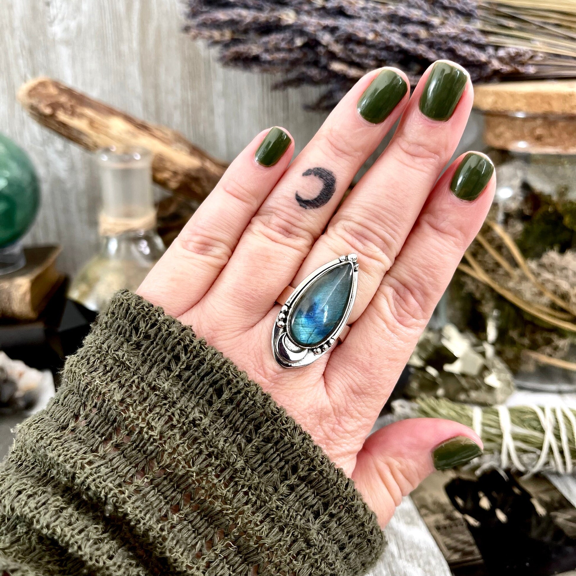 Labradorite Crystal Ring in Sterling Silver Midnight Moon Ring / Designed by FOXLARK - Adjustable to Size 6 7 8 9.