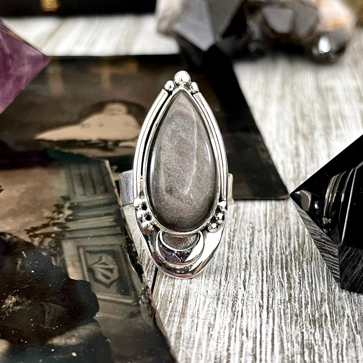 Silver Sheen Obsidian Ring Midnight Moon Crystal Ring Sterling Silver / Designed by FOXLARK - Adjustable to Size 6 7 8 9.