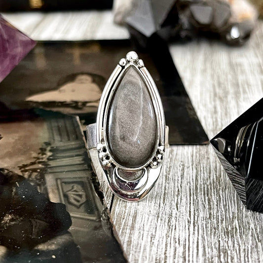 Midnight Moon Silver Sheen Obsidian Teardrop Crystal Ring in Sterling Silver- Designed by FOXLARK Collection Adjustable to Size 6 7 8 9