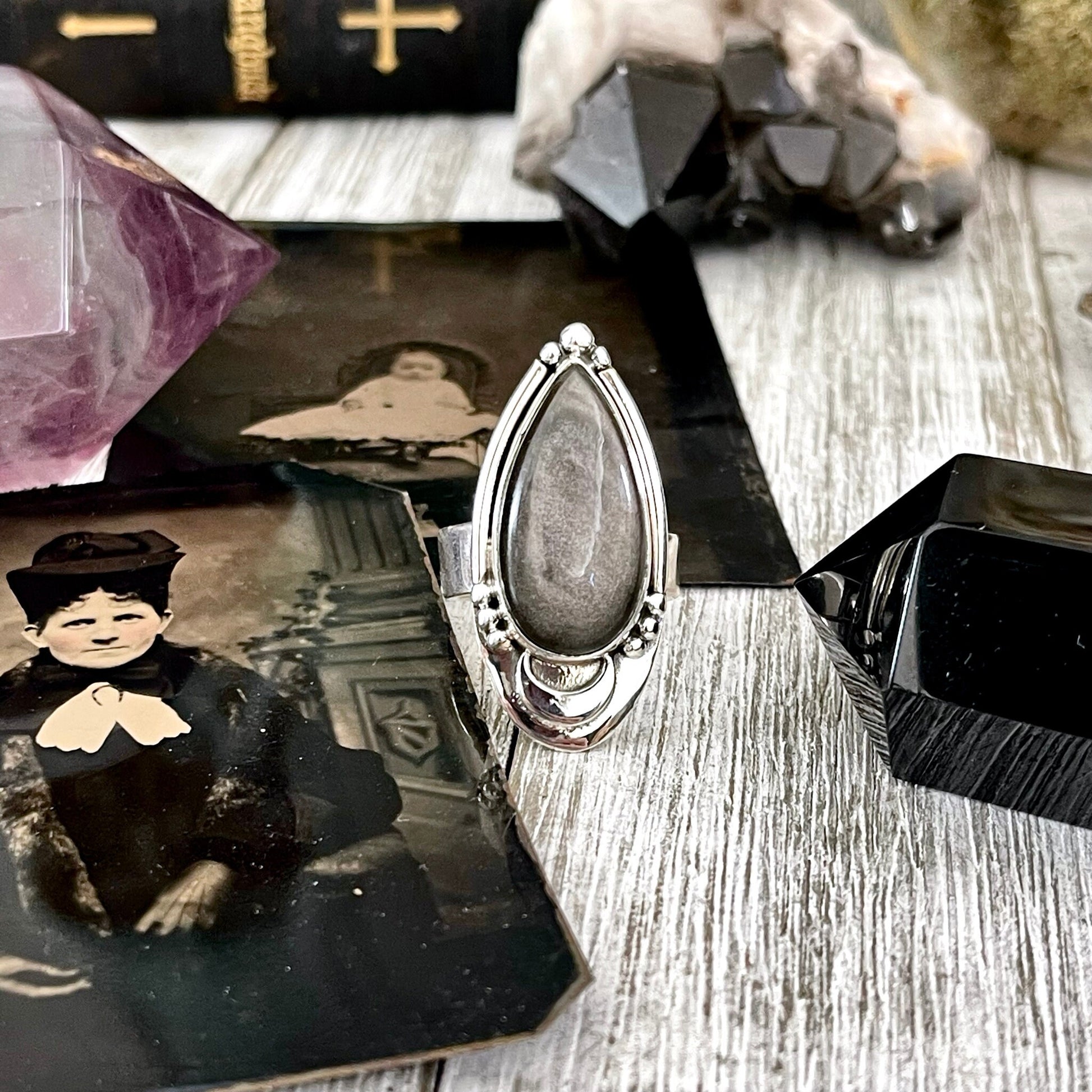 Silver Sheen Obsidian Ring Midnight Moon Crystal Ring Sterling Silver / Designed by FOXLARK - Adjustable to Size 6 7 8 9.