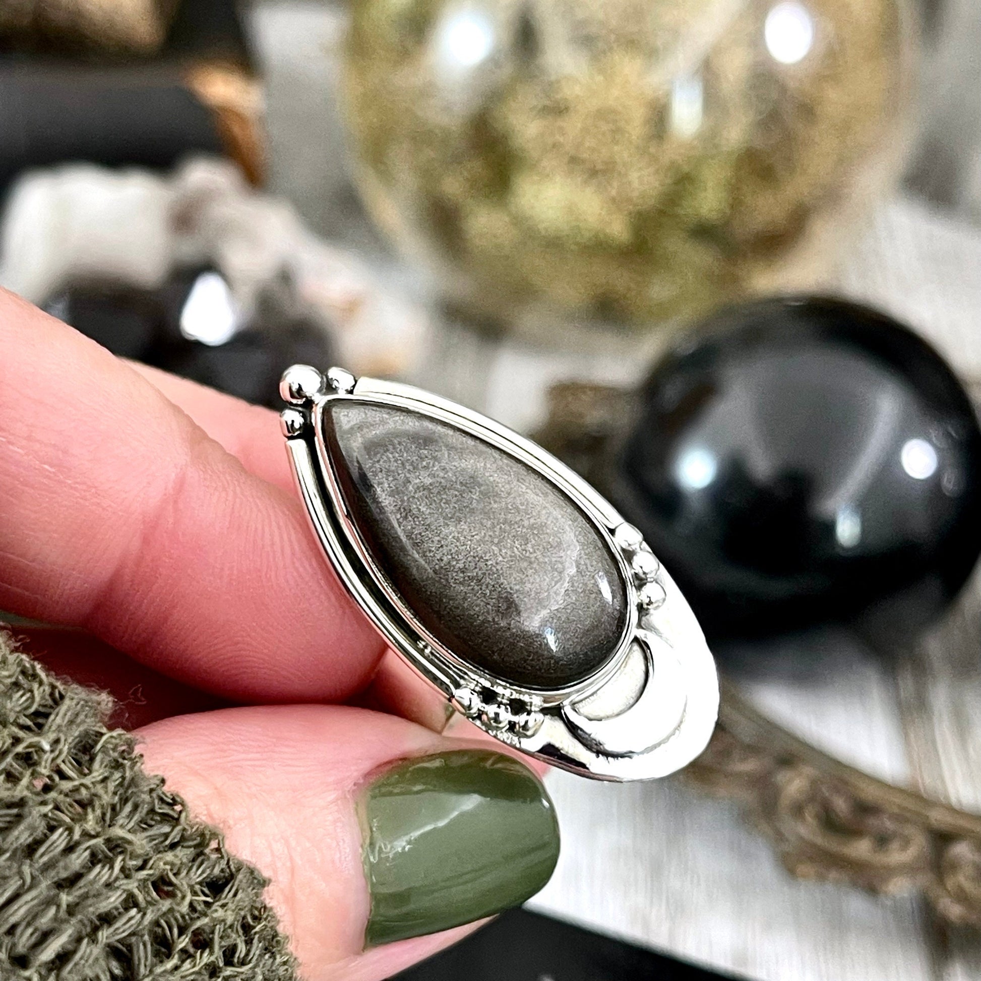 Silver Sheen Obsidian Ring Midnight Moon Crystal Ring Sterling Silver / Designed by FOXLARK - Adjustable to Size 6 7 8 9.