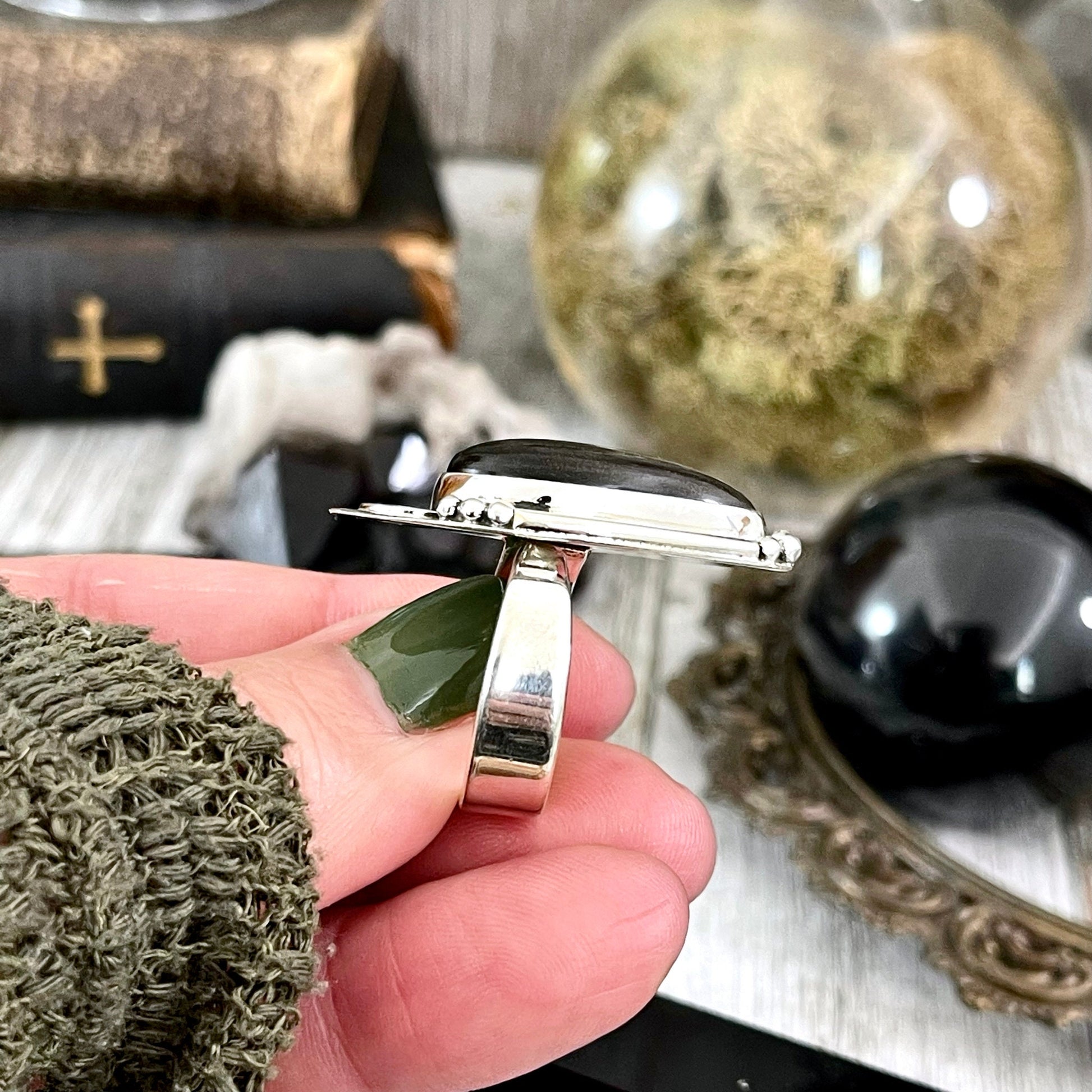 Silver Sheen Obsidian Ring Midnight Moon Crystal Ring Sterling Silver / Designed by FOXLARK - Adjustable to Size 6 7 8 9.