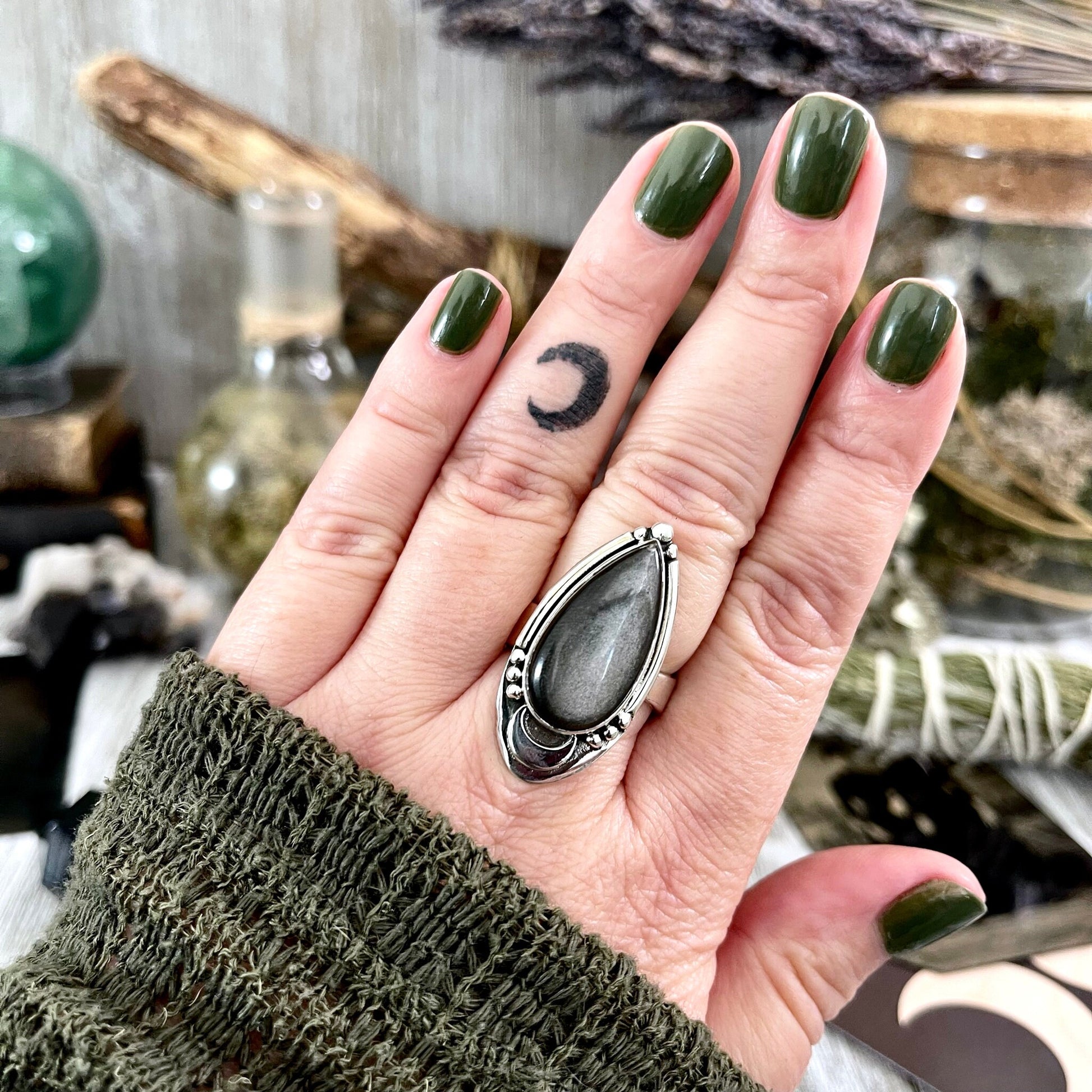 Silver Sheen Obsidian Ring Midnight Moon Crystal Ring Sterling Silver / Designed by FOXLARK - Adjustable to Size 6 7 8 9.