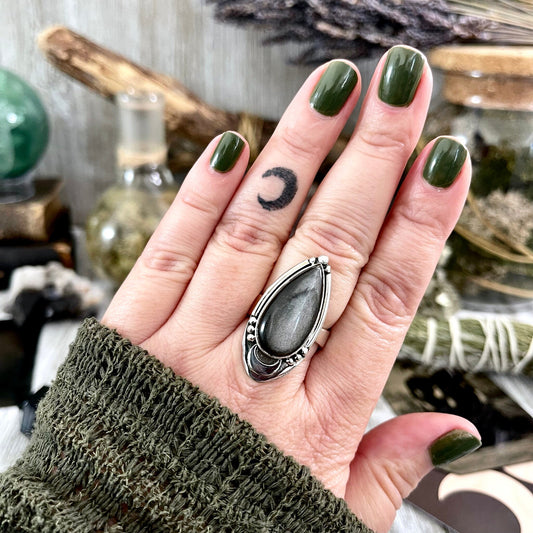 Silver Sheen Obsidian Ring Midnight Moon Crystal Ring Sterling Silver / Designed by FOXLARK - Adjustable to Size 6 7 8 9.