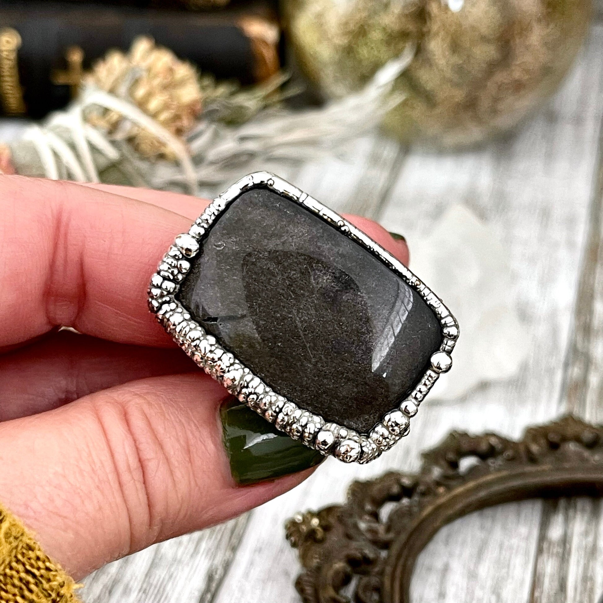 Size 8 Silver Sheen Obsidian Statement Ring in fine Silver / Foxlark Collection - One of a Kind - Foxlark Crystal Jewelry