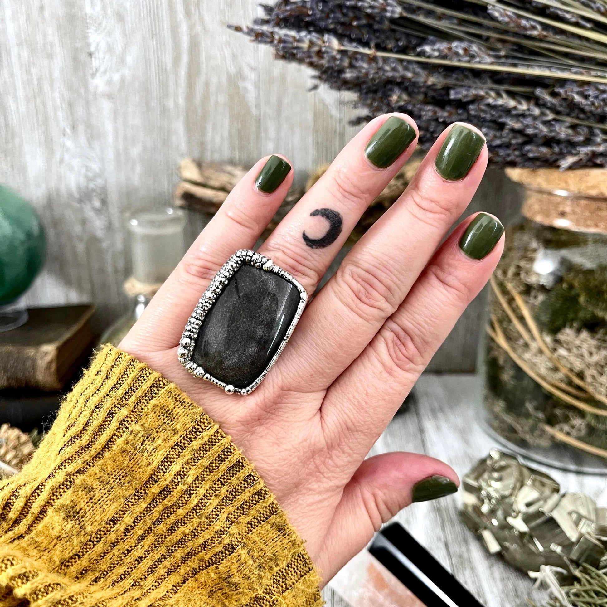 Size 8 Silver Sheen Obsidian Statement Ring in fine Silver / Foxlark Collection - One of a Kind - Foxlark Crystal Jewelry