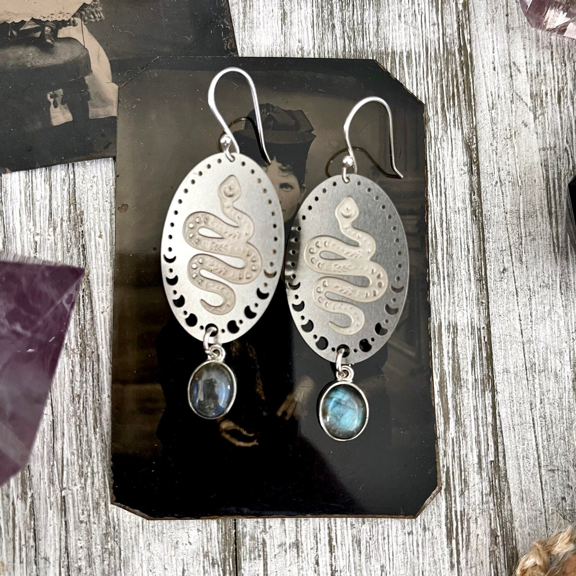 Snake and Moon Phases Labradorite Earrings Sterling Silver & Stainless Steel Earrings / - Foxlark Crystal Jewelry