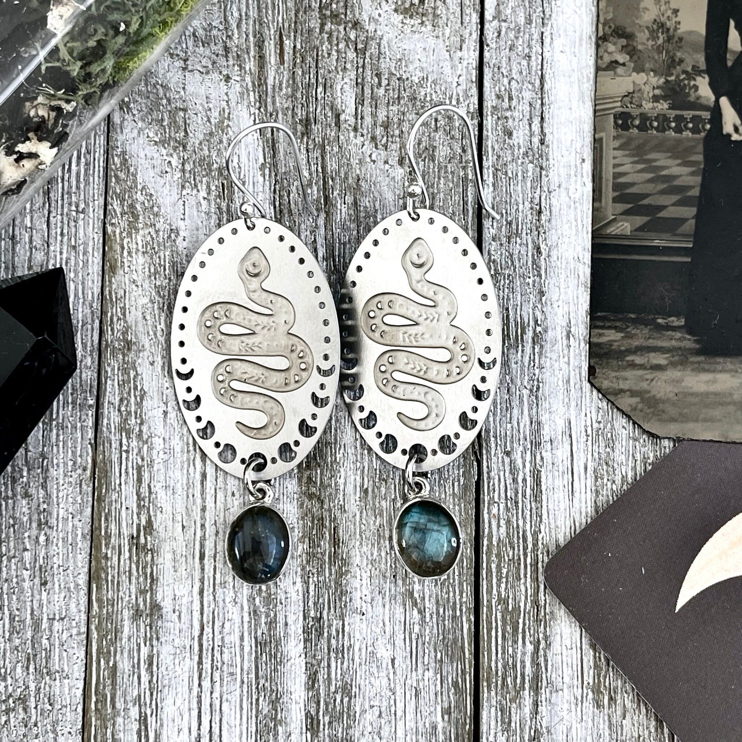 Snake and Moon Phases Labradorite Earrings Sterling Silver & Stainless Steel Earrings / - Foxlark Crystal Jewelry