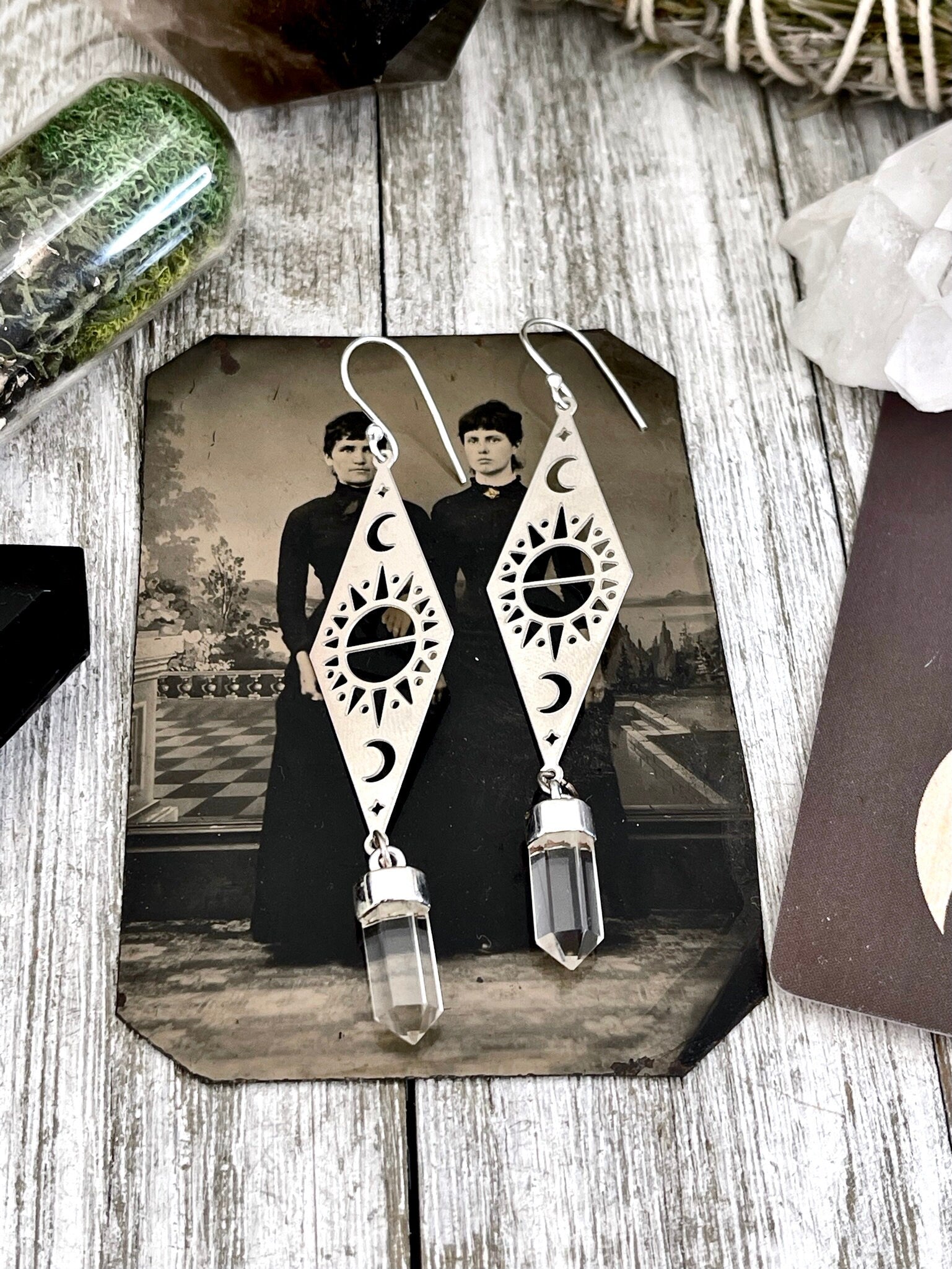 Long Sun and Moon Clear Quartz Earrings in Sterling Silver & Stainless Steel Earrings / Moon Earrings - Long Dangly Earrings - Foxlark Crystal Jewelry