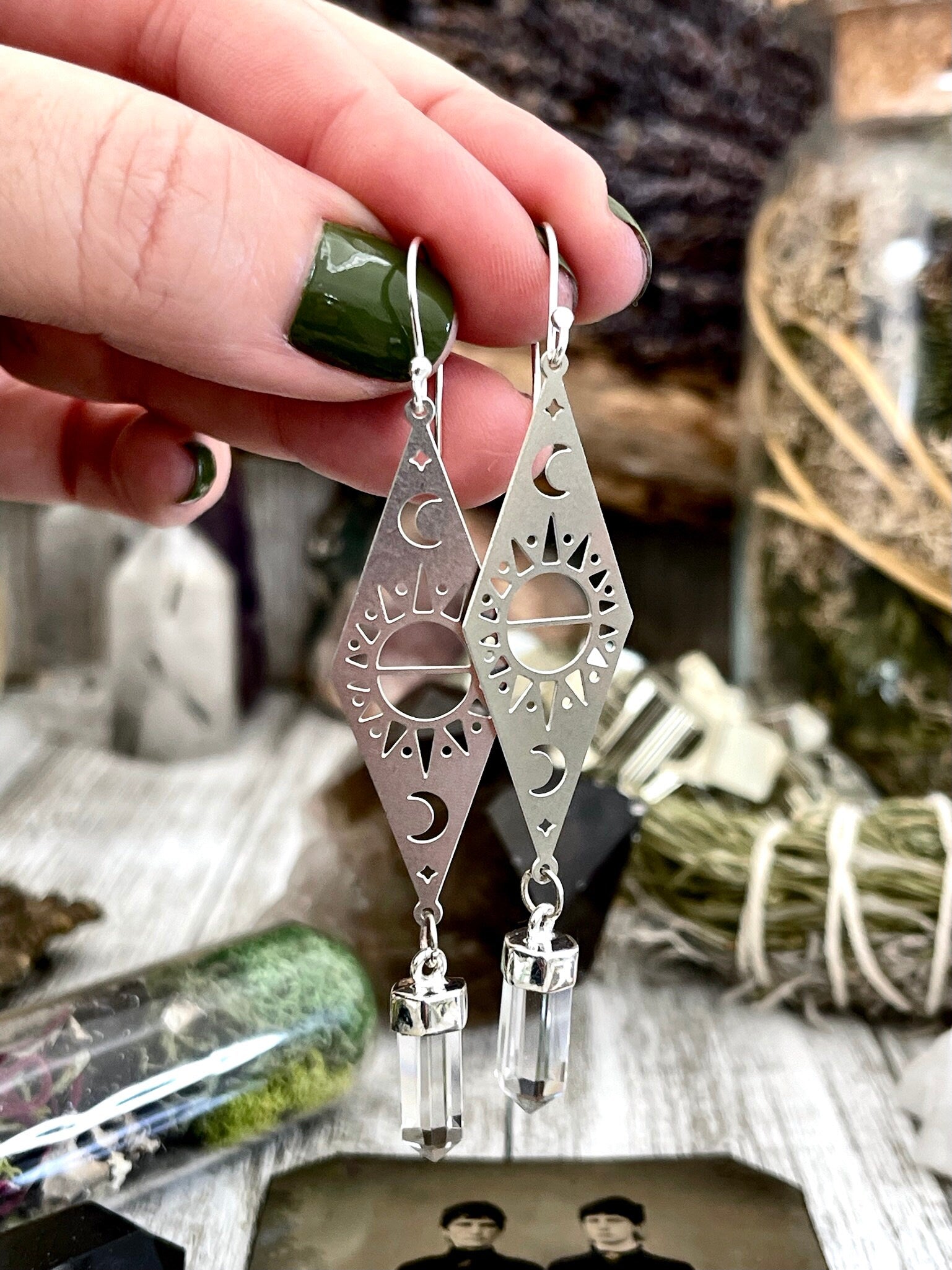 Long Sun and Moon Clear Quartz Earrings in Sterling Silver & Stainless Steel Earrings / Moon Earrings - Long Dangly Earrings - Foxlark Crystal Jewelry