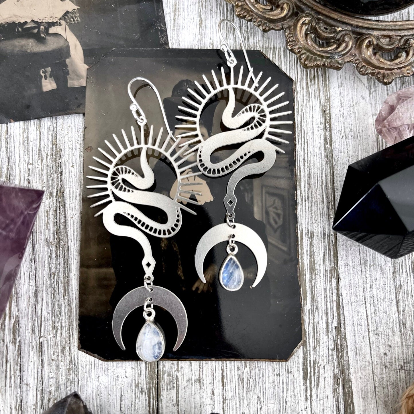 Long Snake and Sun Moon Rainbow Moonstone Gemstone Earrings Sterling Silver & Stainless Steel / - Foxlark Crystal Jewelry
